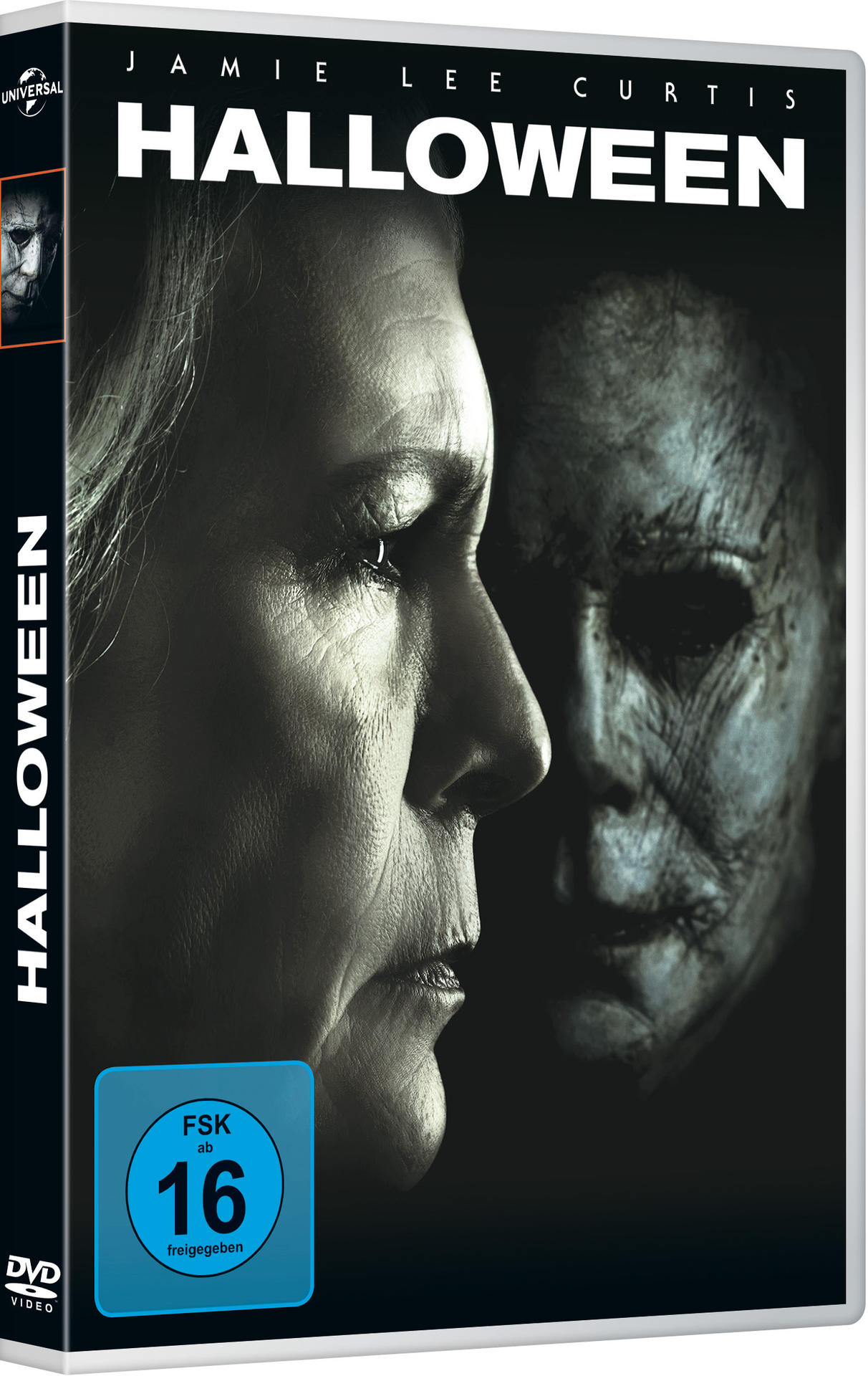 DVD-Cover von 'Halloween'. Gesicht von Jamie Lee Curtis mit Maske.