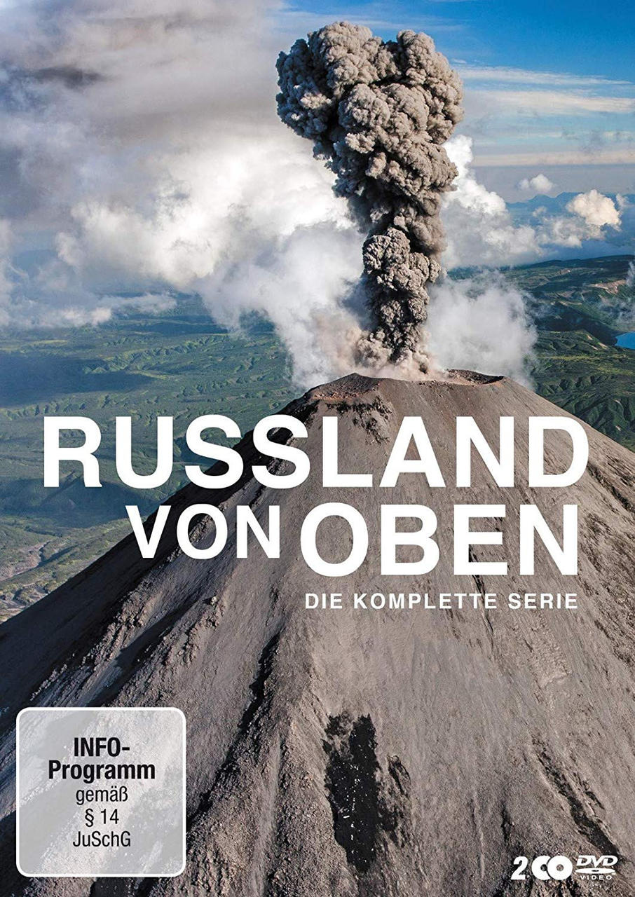 DVD-Cover eines ausbrechenden Vulkans. Der Titel lautet Russland Von Oben.