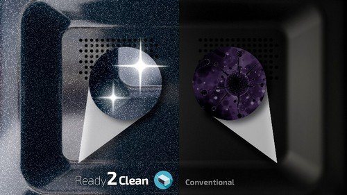 Primer plano del interior de un microondas. Mostrando Ready 2 Clean vs Convencional.