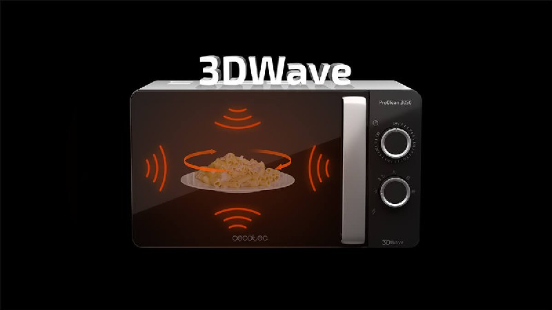 Microondas con un plato de comida e iconos de ondas.