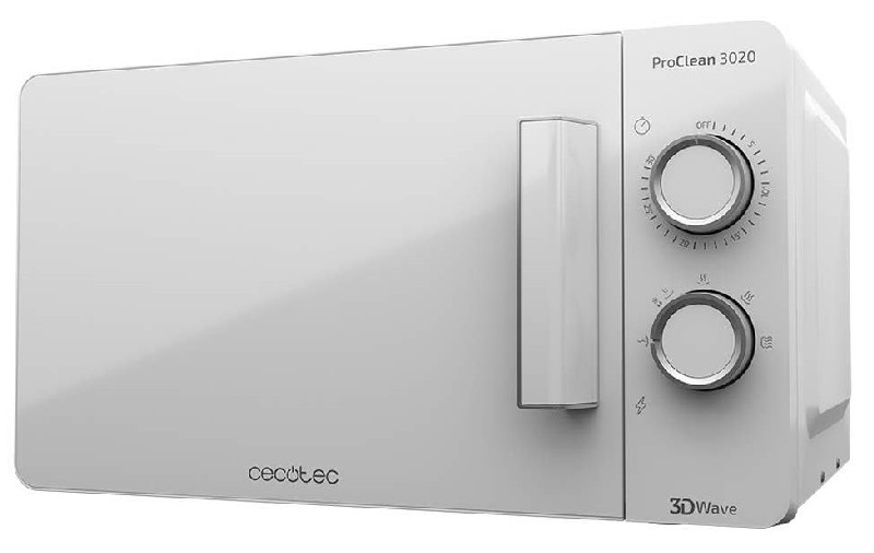 Microondas blanco con dos diales y un asa. La marca 'cecotec' es visible.