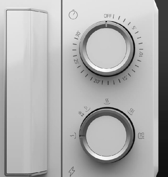 Detalle del panel de control del microondas. Dos diales giratorios, varios símbolos son visibles.