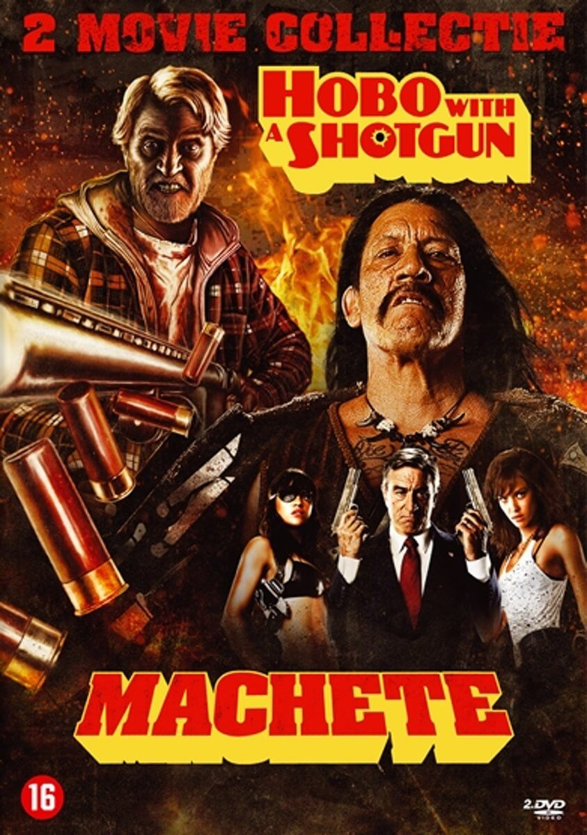 De dvd-hoes voor 'Hobo with a Shotgun' en 'Machete', met Danny Trejo.