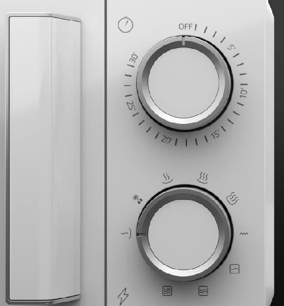 Panel de control del microondas con diales y símbolos.