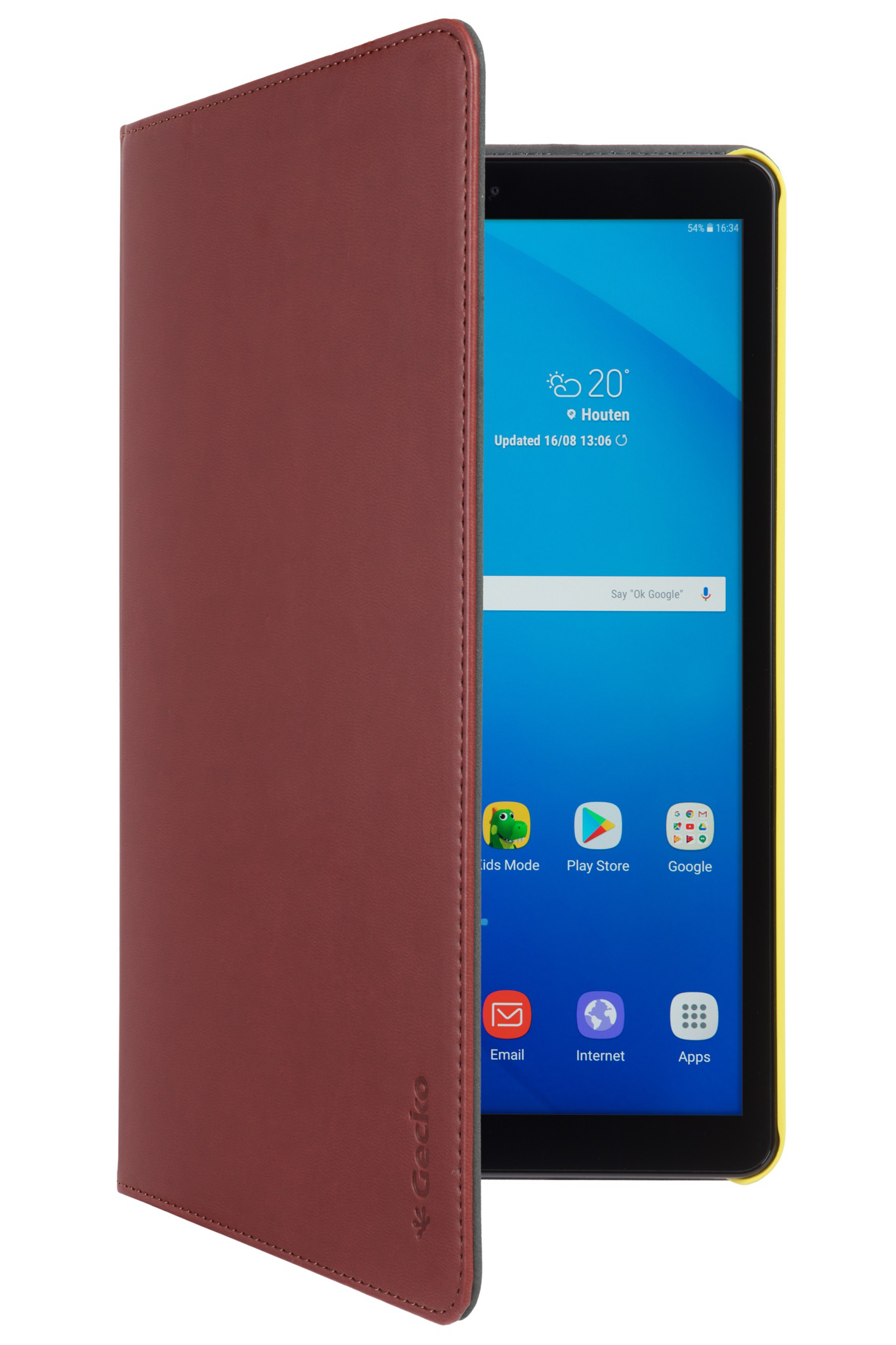 A tablet with a red cover is on a white background with a yellow border.