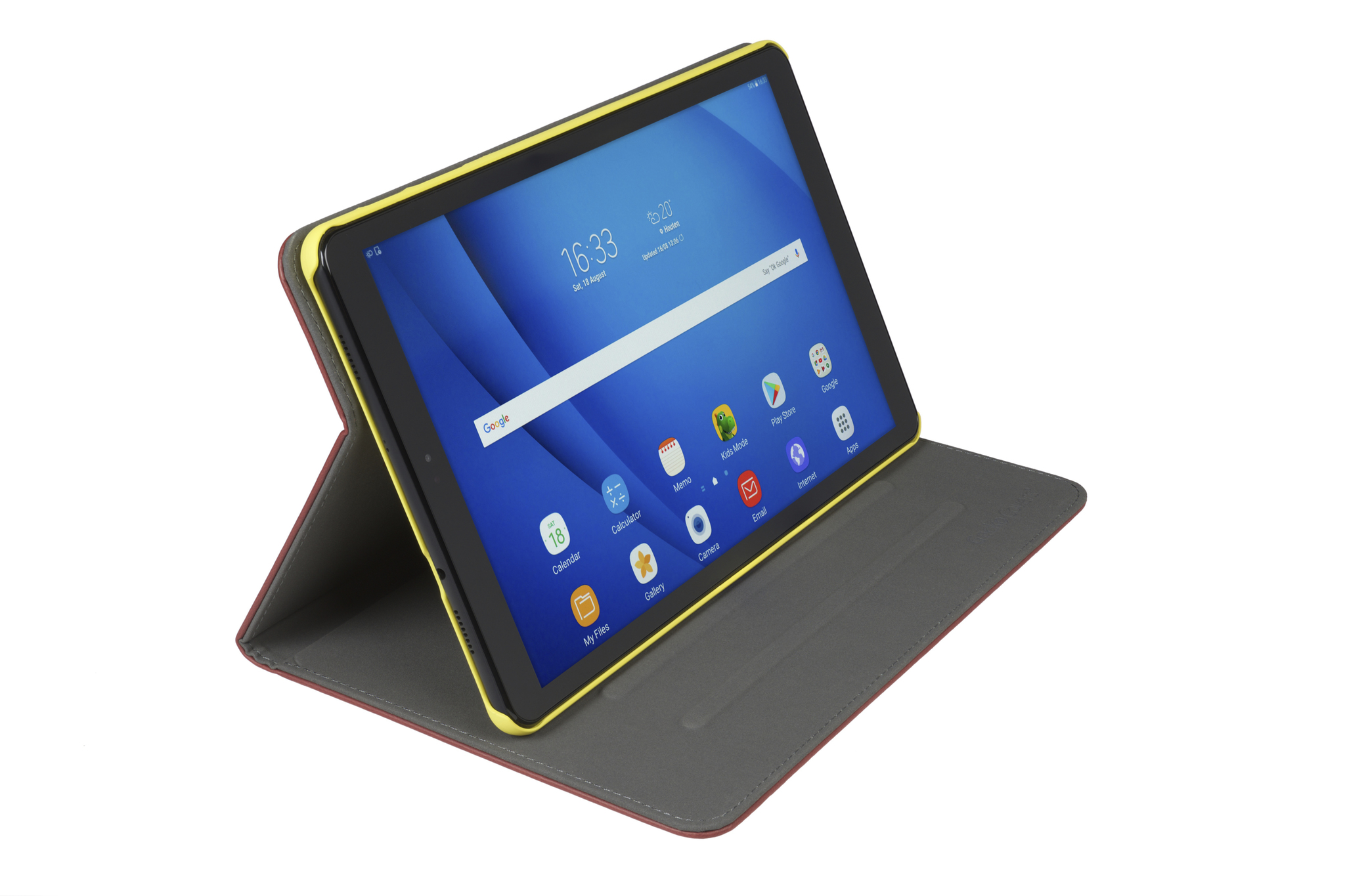 Tablet in a case, screen on, showing time and apps. Isolated.