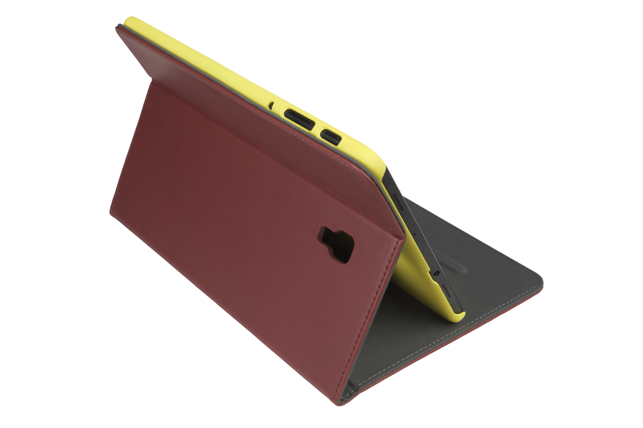 A tablet in a red leather case, propped up on a gray surface.