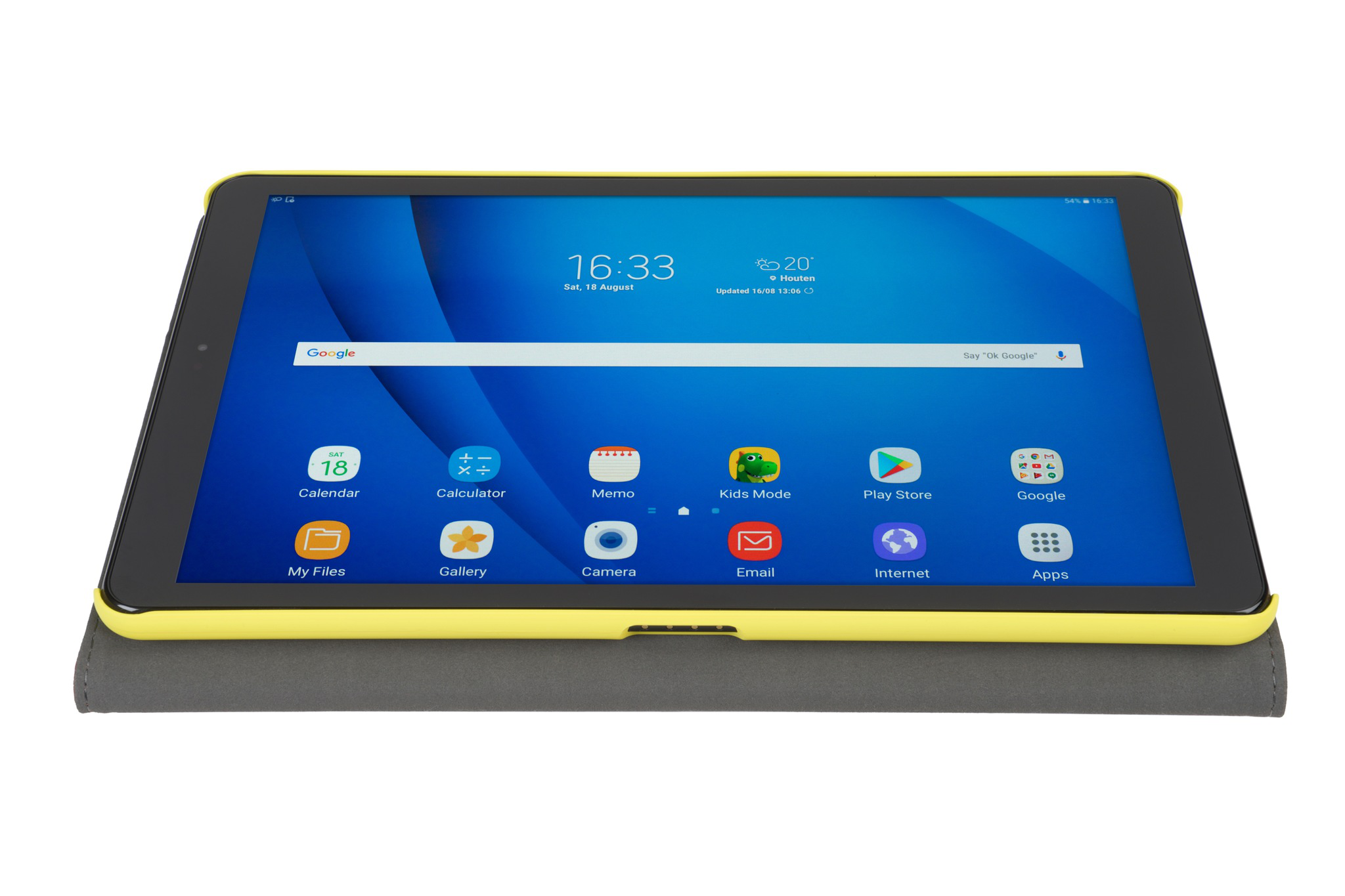 Yellow tablet with apps on screen, laying on a gray case. Date and time displayed.