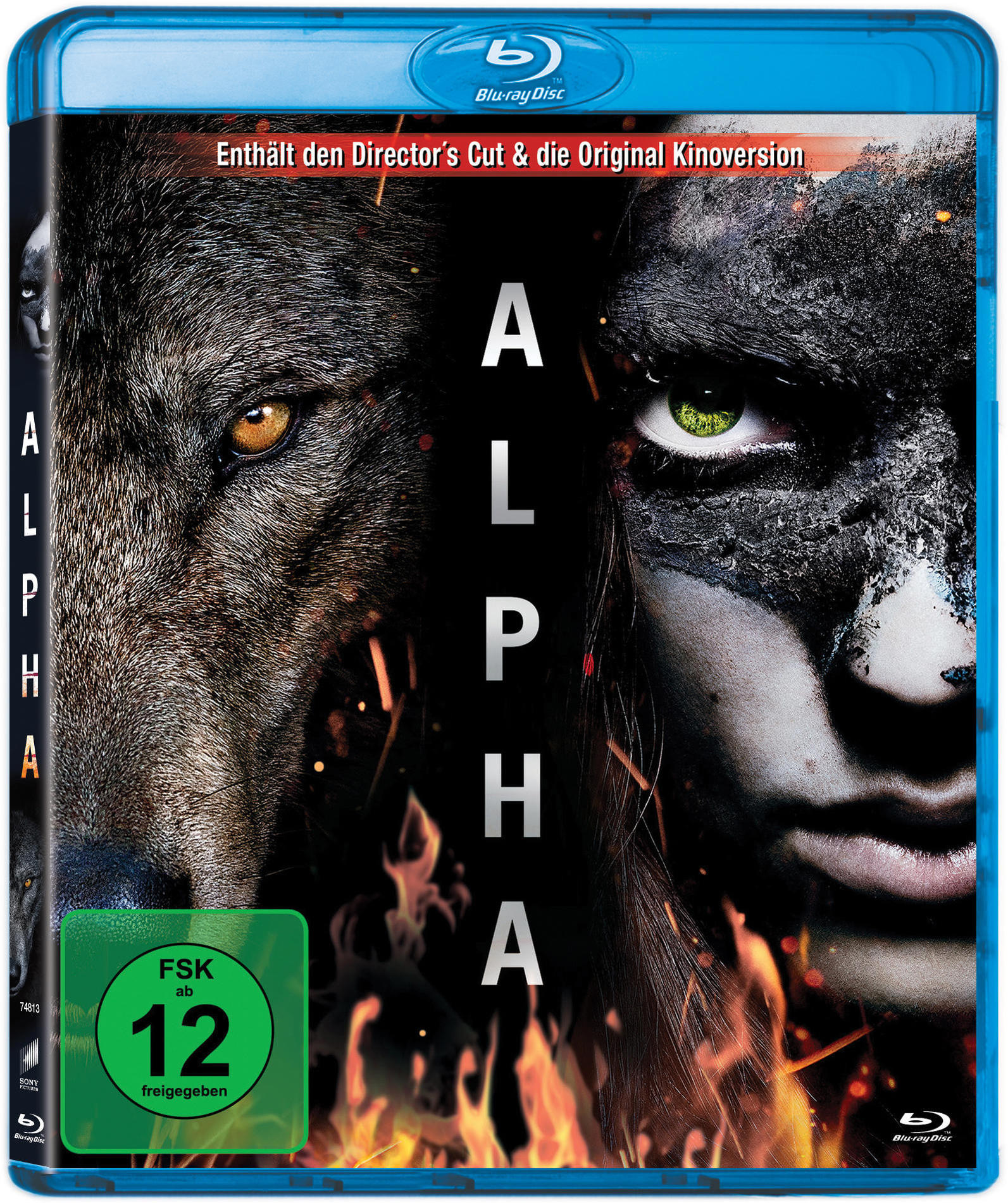 Blu-ray-Disc-Cover mit Wolf und Frau. Titel ALPHA. Blaue Hülle, grüner Aufkleber.