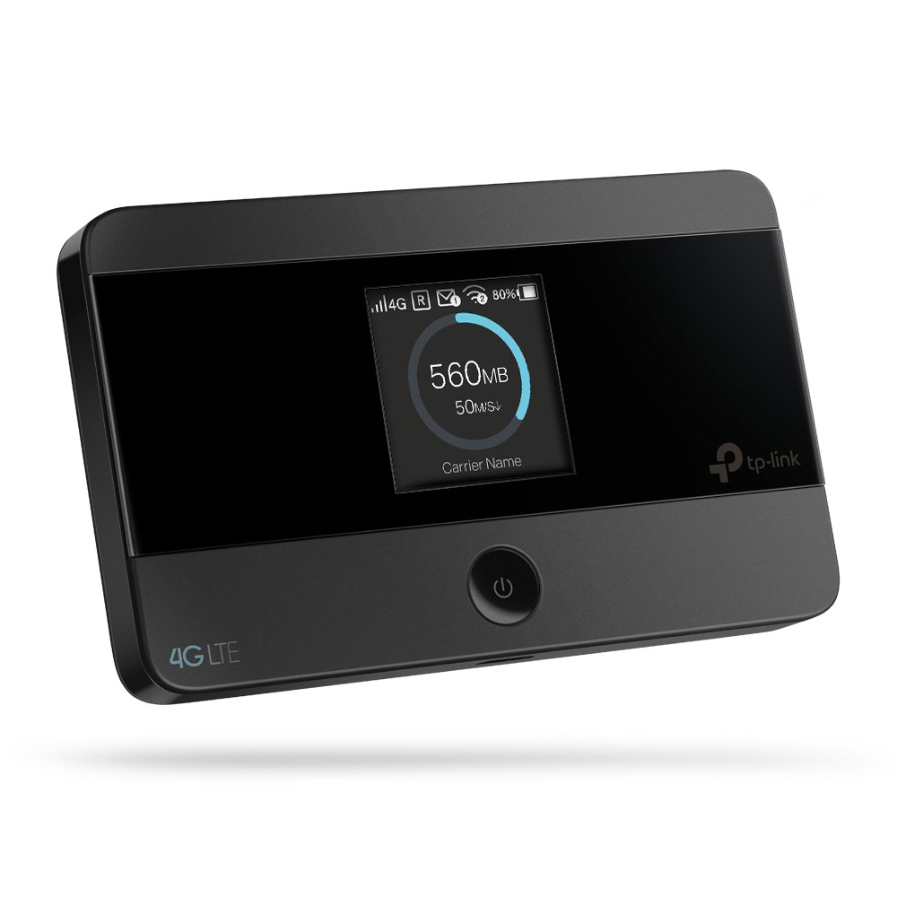 Ein schwarzer 4G LTE mobiler Router mit einem Bildschirm, der Daten anzeigt.