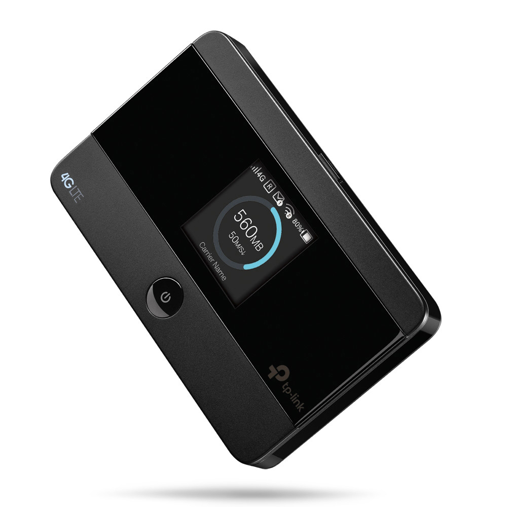 Schwarzer mobiler 4G LTE WLAN-Router mit Bildschirm, der Daten anzeigt, und einem Ein-/Ausschalter.