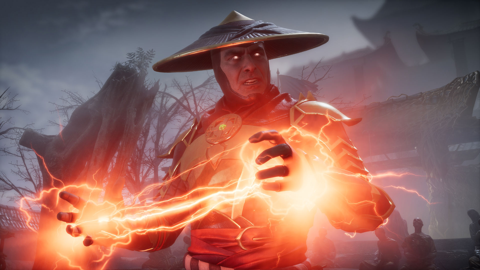 Raiden, een Mortal Kombat-personage, houdt energieballen vast. Oranje bliksem straalt uit. Hij draagt een hoed en een harnas.