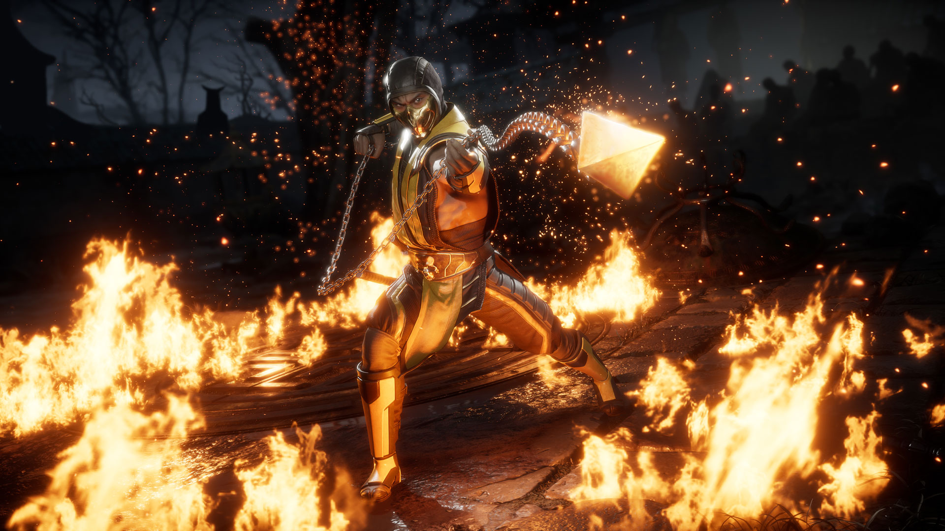 Scorpion-personage uit Mortal Kombat in vechthouding, omringd door vuur.