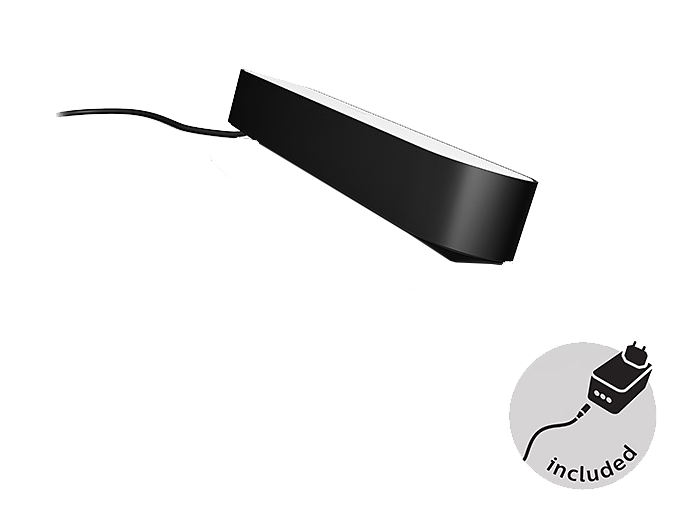 Una barra luminosa Philips nera con un adattatore di alimentazione, con l'adattatore incluso raffigurato in un grafico circolare.