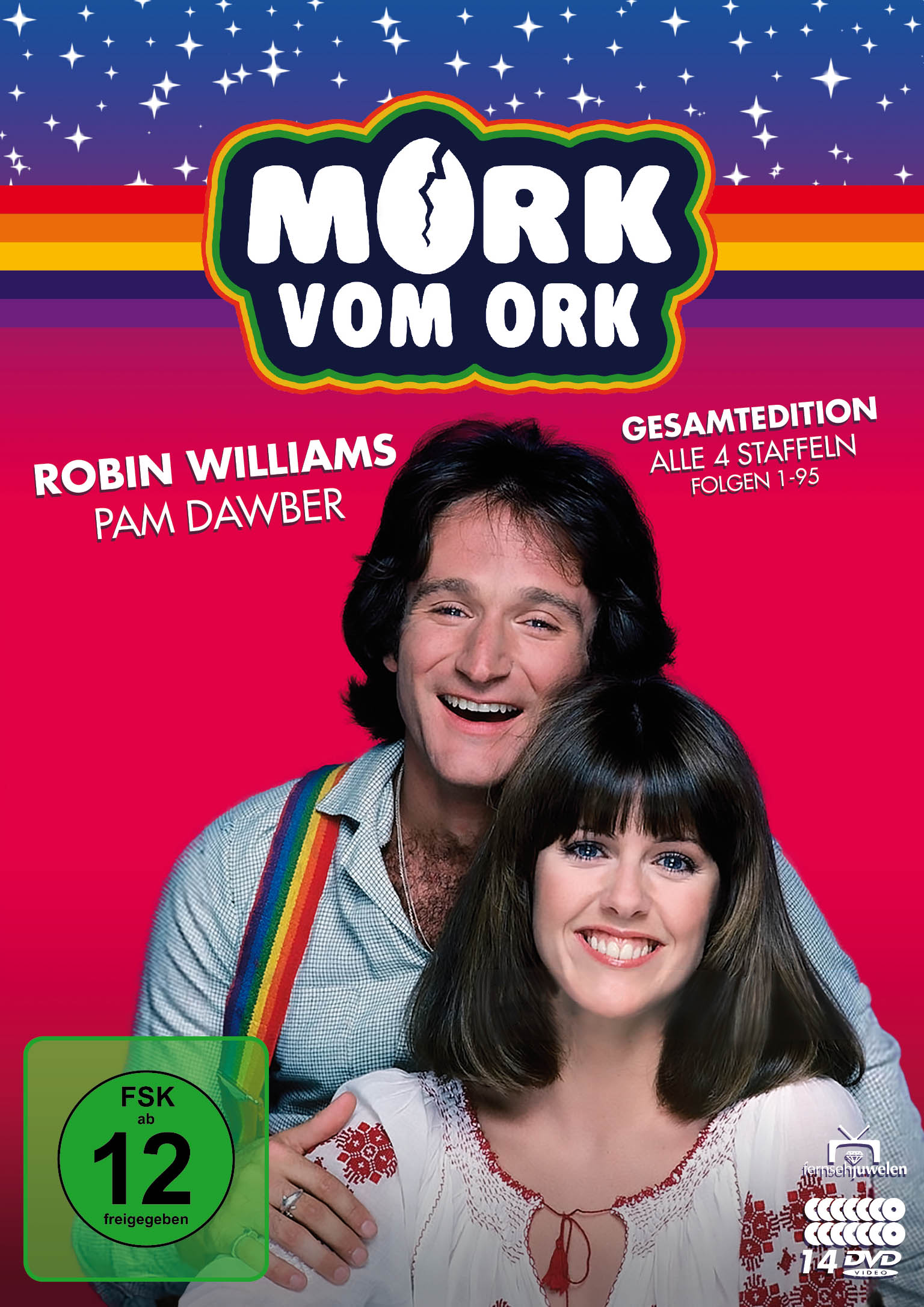 Mork Vom Ork DVD-Cover mit Robin Williams und Pam Dawber lächelnd, roter Hintergrund.