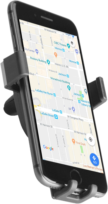Ein schwarzes Smartphone in einer Telefonhalterung zeigt eine Karte mit einer Navigationsroute.
