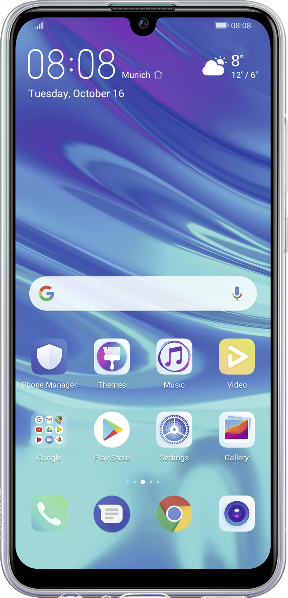 Smartphone mit Uhrzeit, Wetter und App-Icons auf blauem Hintergrund.