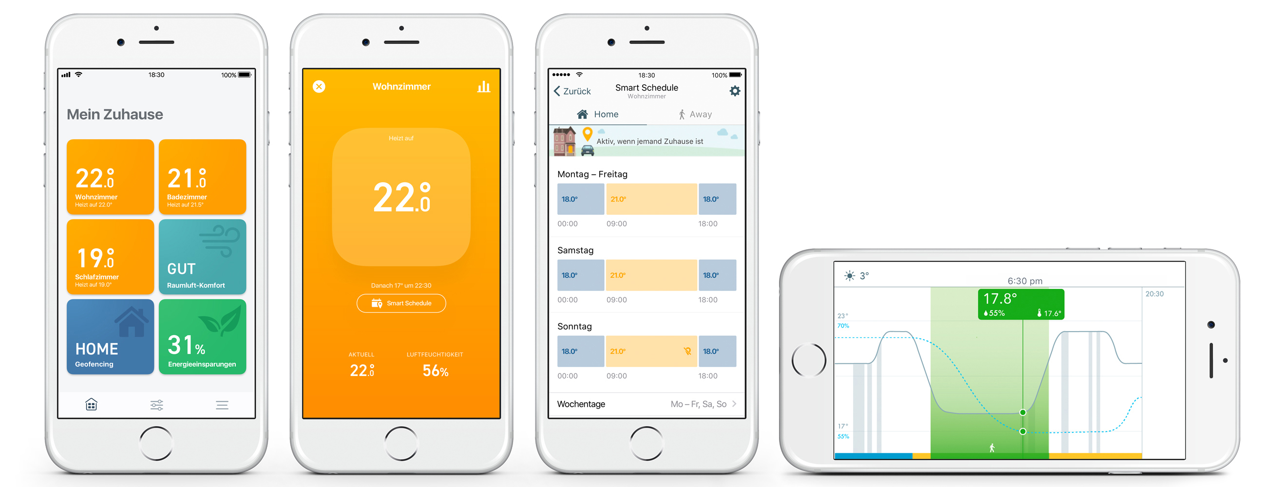 Vier Smartphones mit App-Oberflächen. Die Apps zeigen Hausdaten, Temperaturmesswerte und Zeitpläne an.