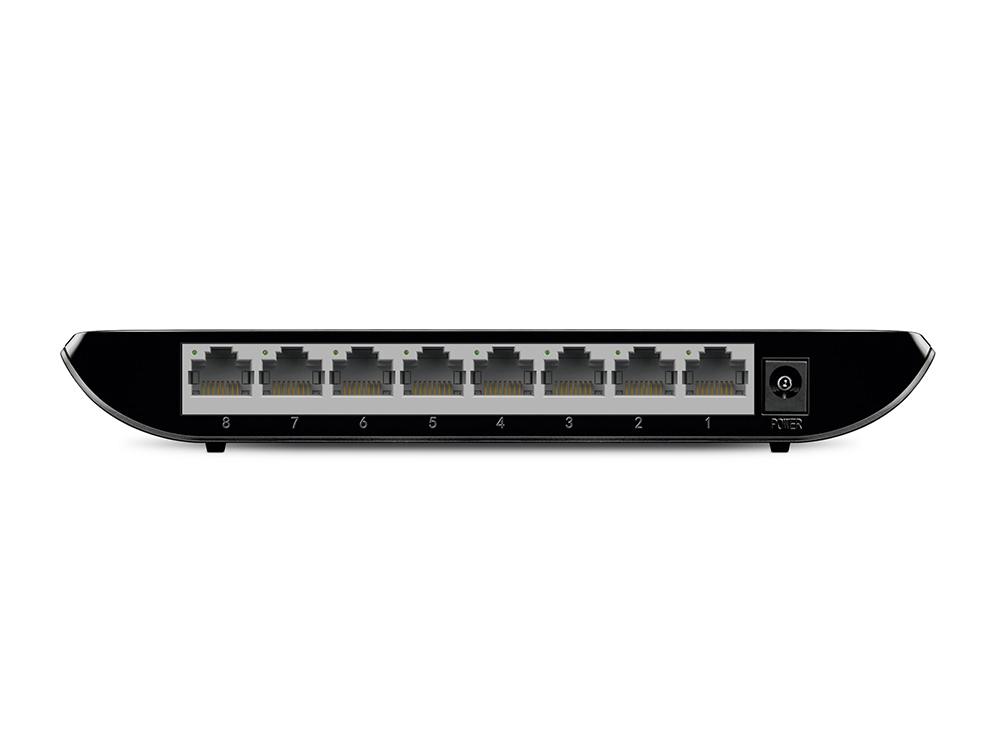 Schwarzer Netzwerk-Switch mit 8 nummerierten Ports und Stromanschluss.