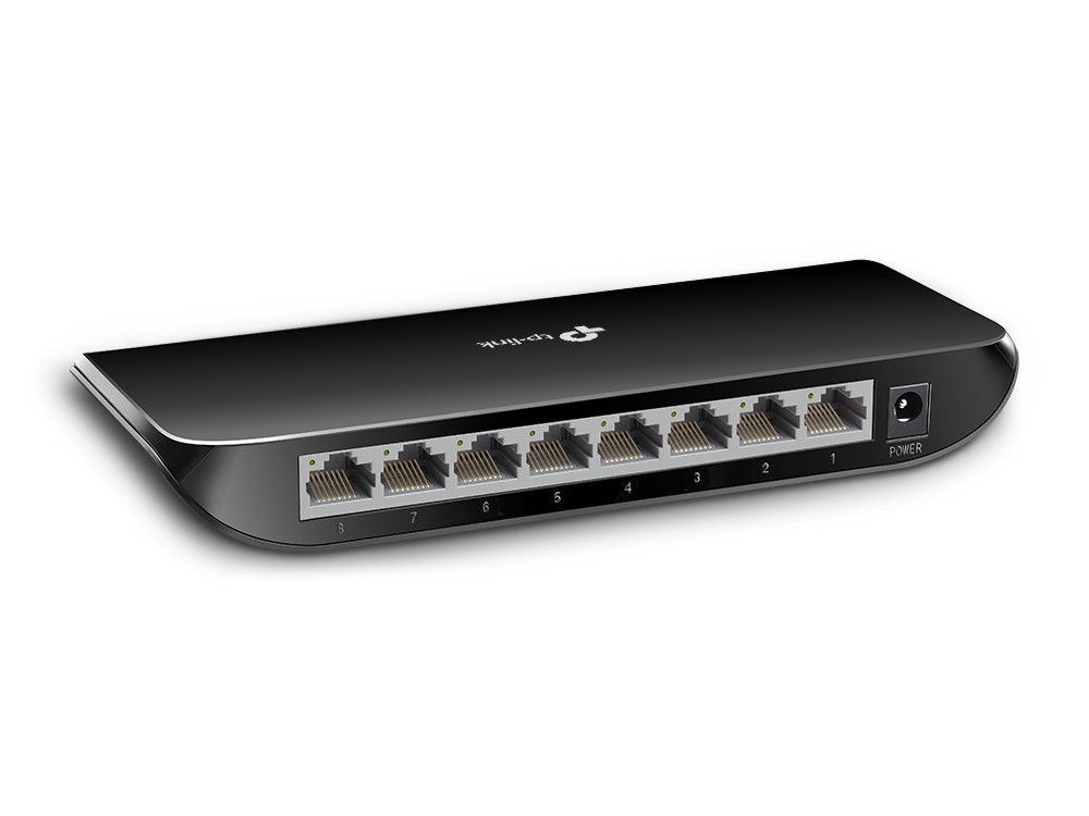 Schwarzer TP-Link 8-Port-Netzwerk-Switch mit Ports, Netzstecker und dem TP-Link-Logo.