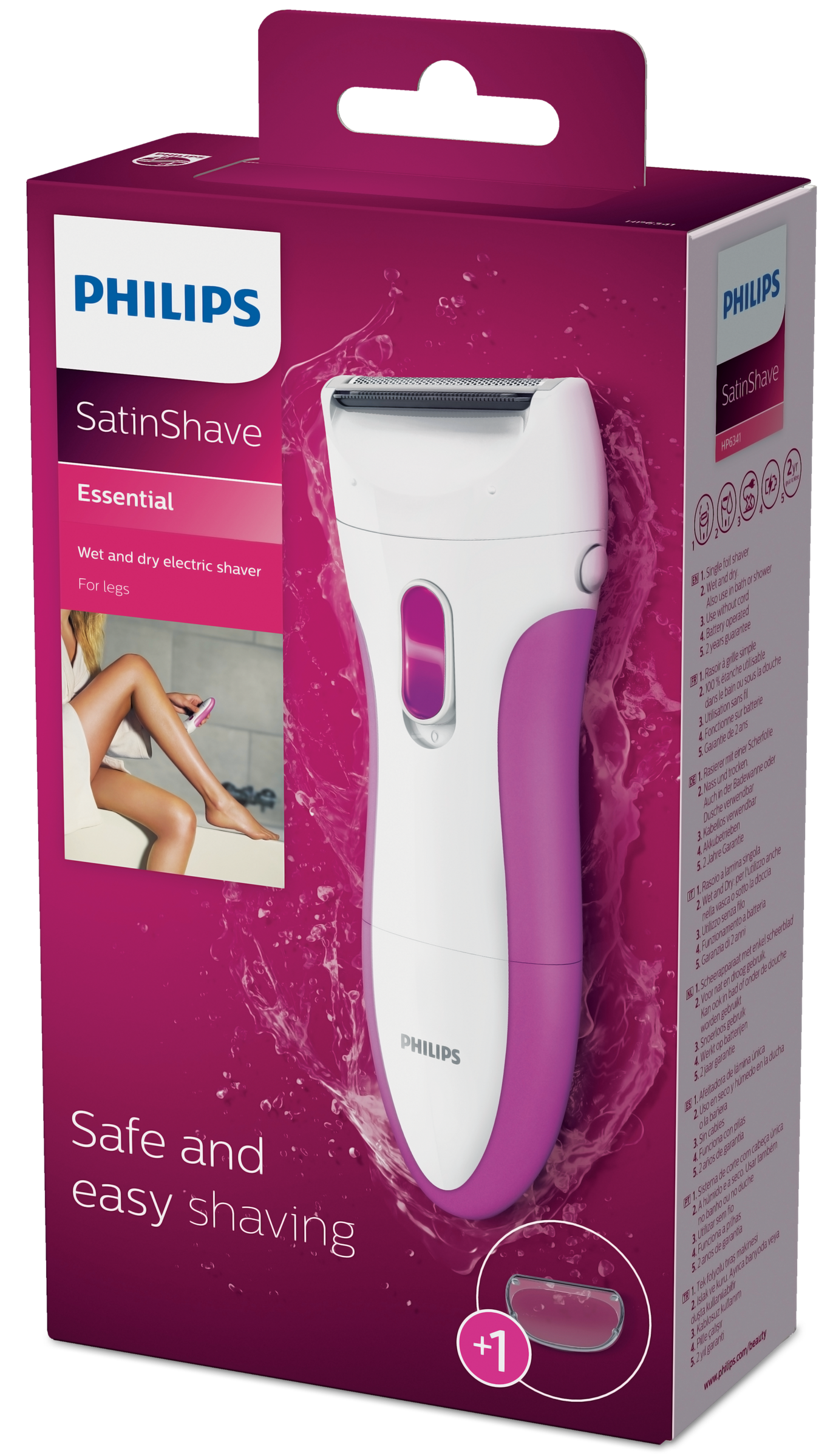 Ein rosa-weißer Philips SatinShave Elektrorasierer in der Verpackung. Auf der Verpackung steht 'Sicheres und einfaches Rasieren'.