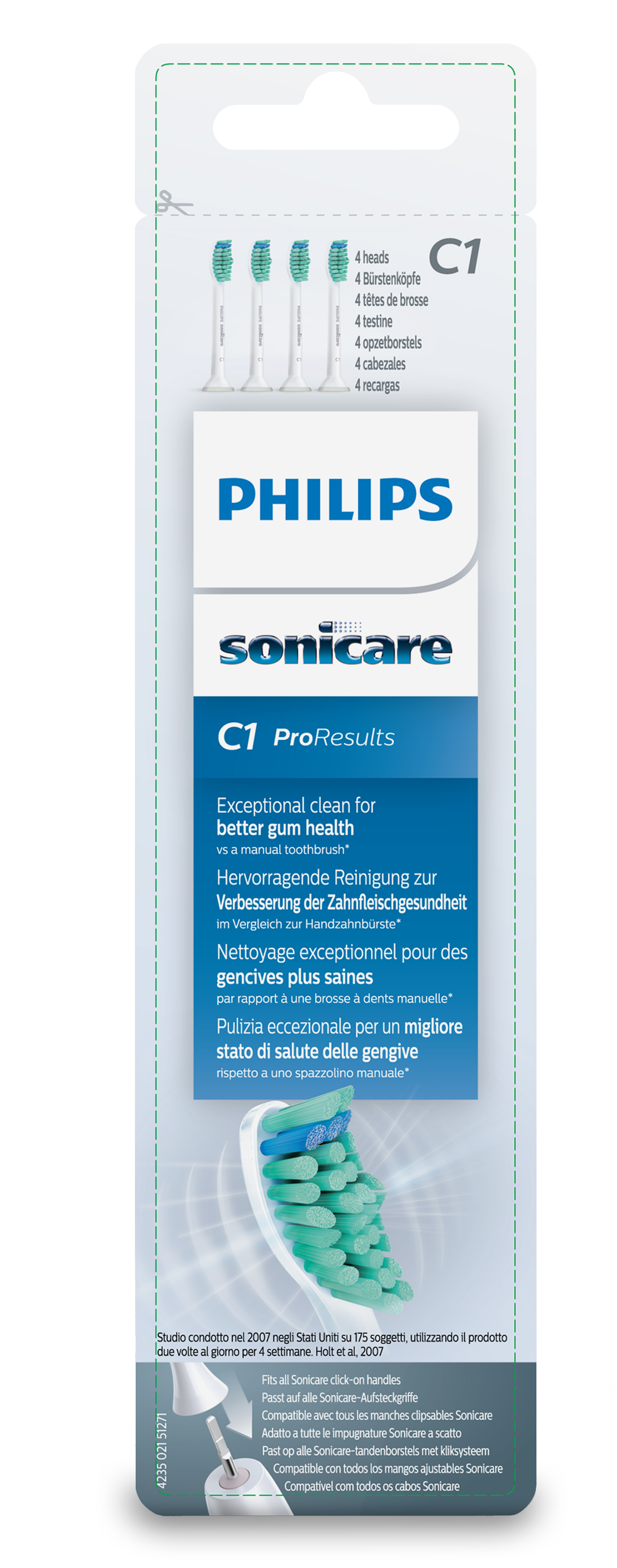 Philips Sonicare Zahnbürstenköpfe in der Verpackung, mit Text und Bildern.