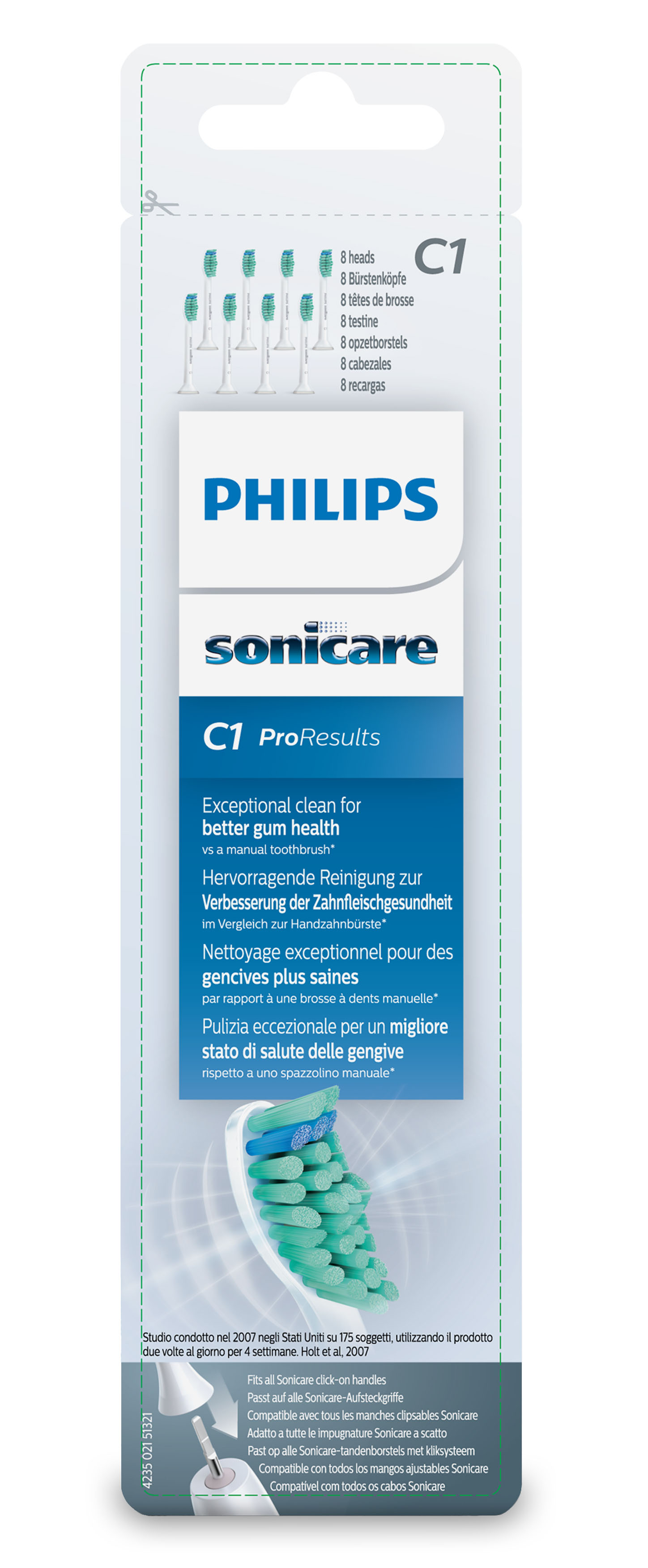 Zahnbürstenkopf-Verpackung, weiß und blau, Philips Sonicare.