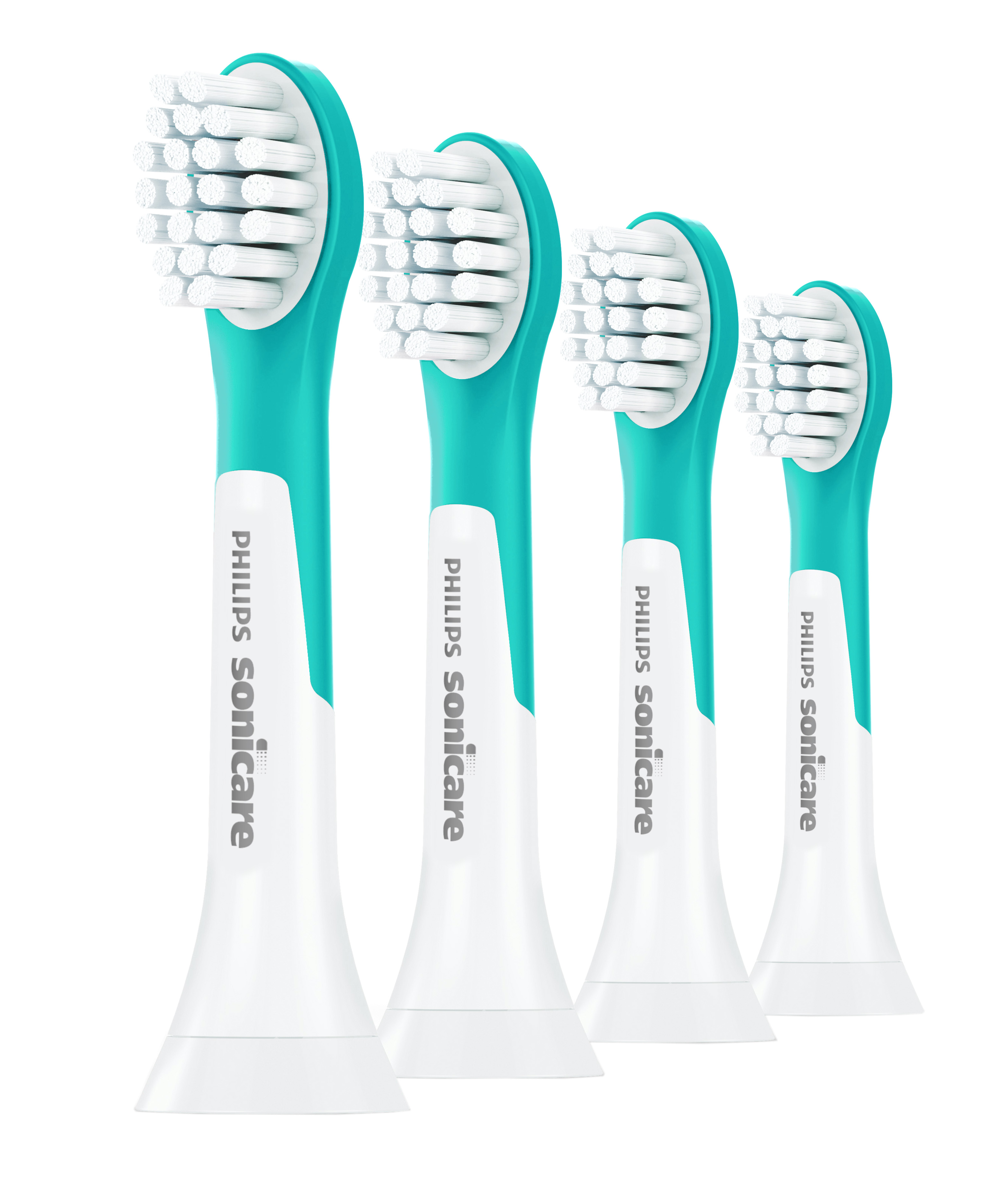 Vier Philips Sonicare elektrische Zahnbürstenköpfe in Türkis und Weiß.