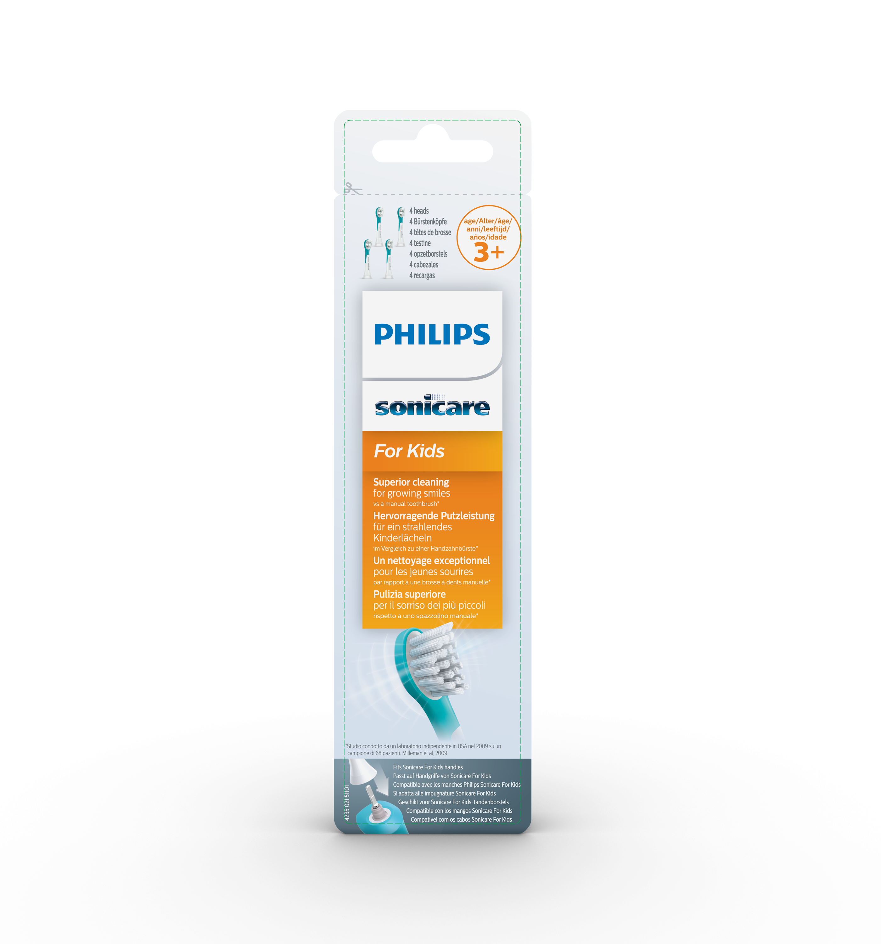 Philips Sonicare Zahnbürstenköpfe Verpackung, mit vier Köpfen und Textdetails.