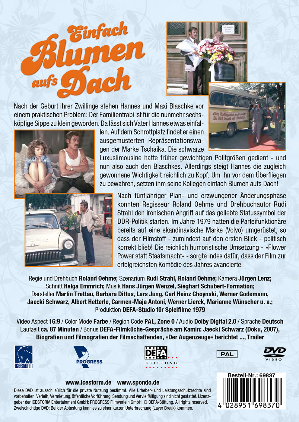 Die Rückseite einer DVD-Hülle mit Text, Personen und gelbem Hintergrund. Der Titel lautet "Einfach Blumen aufs Dach".