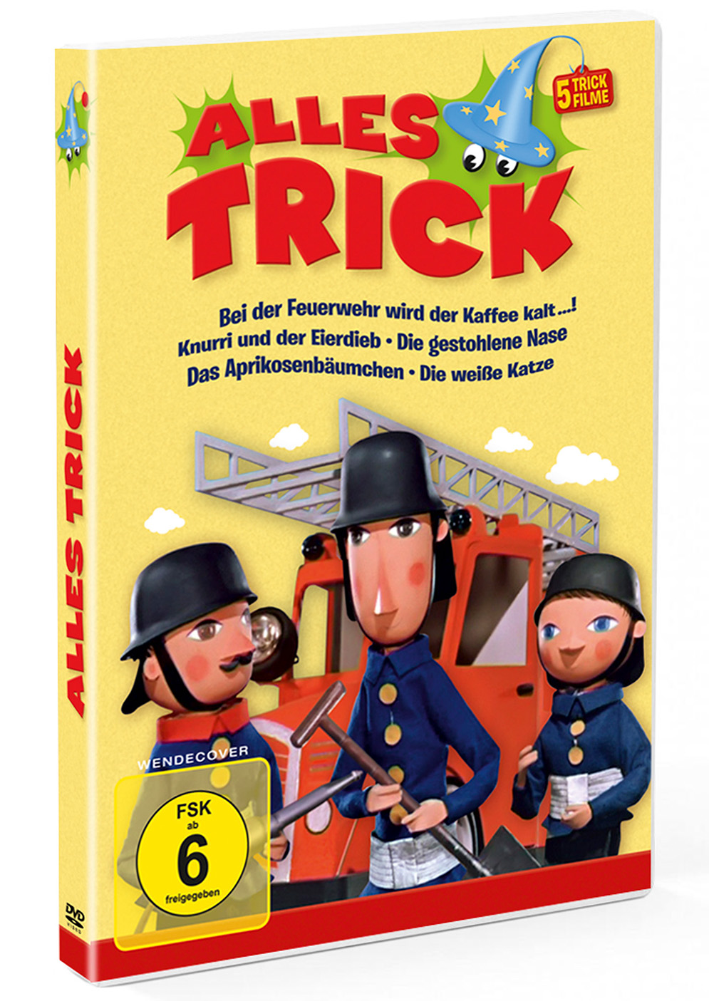 DVD-Cover mit Cartoon-Feuerwehrleuten. Titel lautet 'Alles Trick'. Gelber Hintergrund.