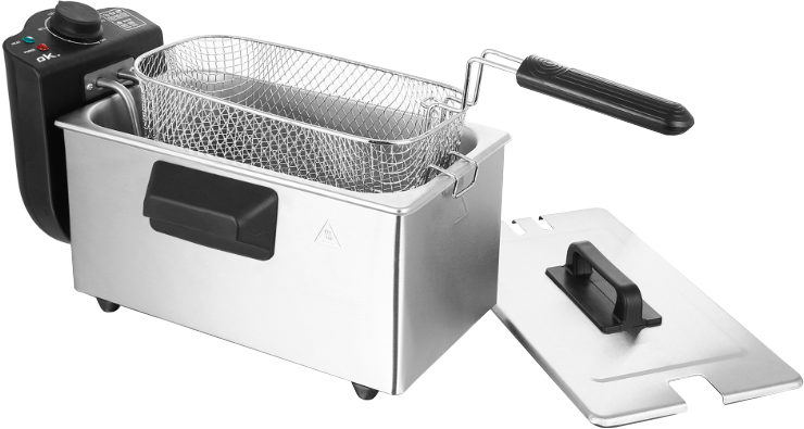 Friteuse en acier inoxydable. Le couvercle est séparé. Panneau de commande noir avec panier en maille argentée.