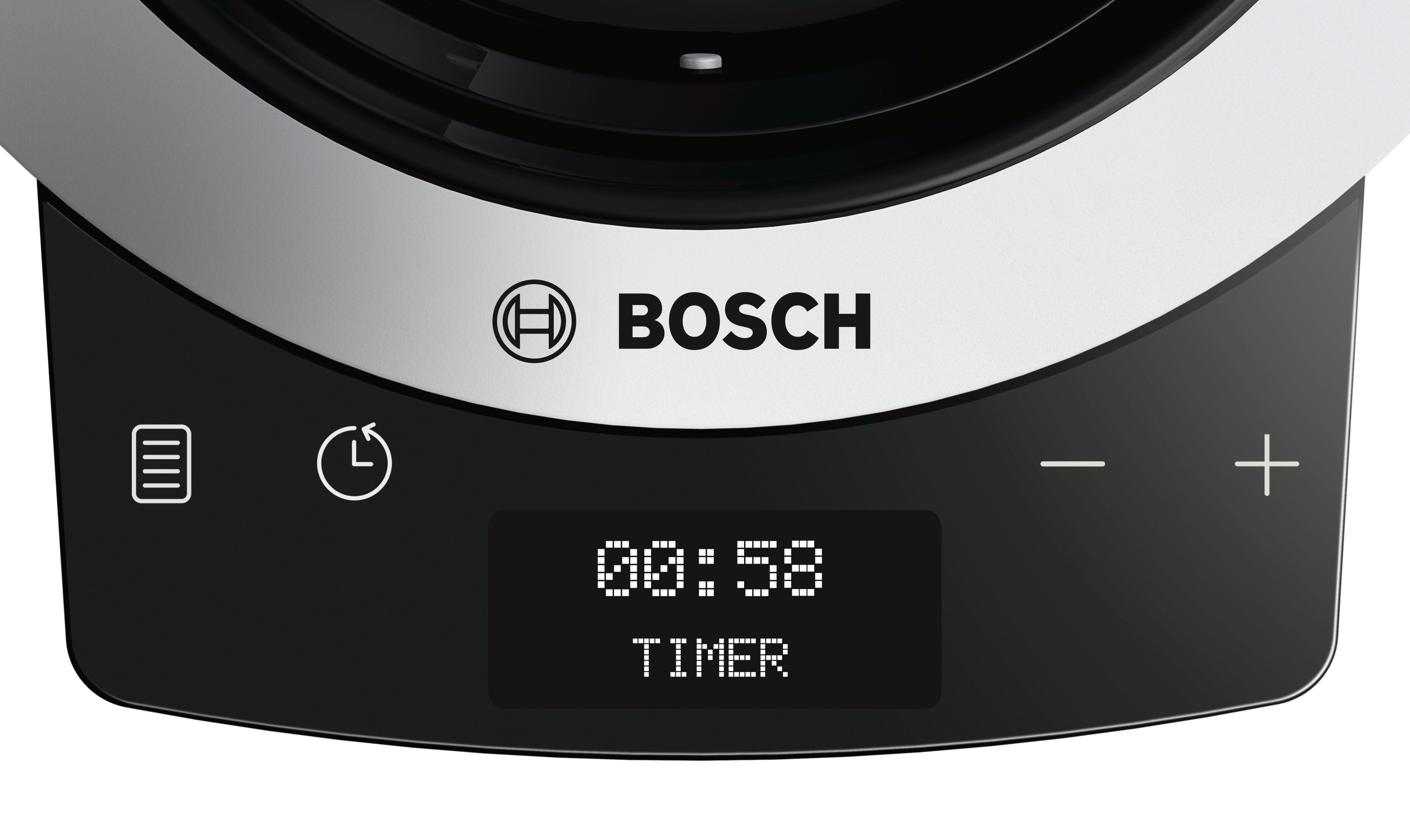 Schwarzes und silbernes Gerät mit Timer-Anzeige, die 00:58 anzeigt. Der Markenname 'BOSCH' ist sichtbar.