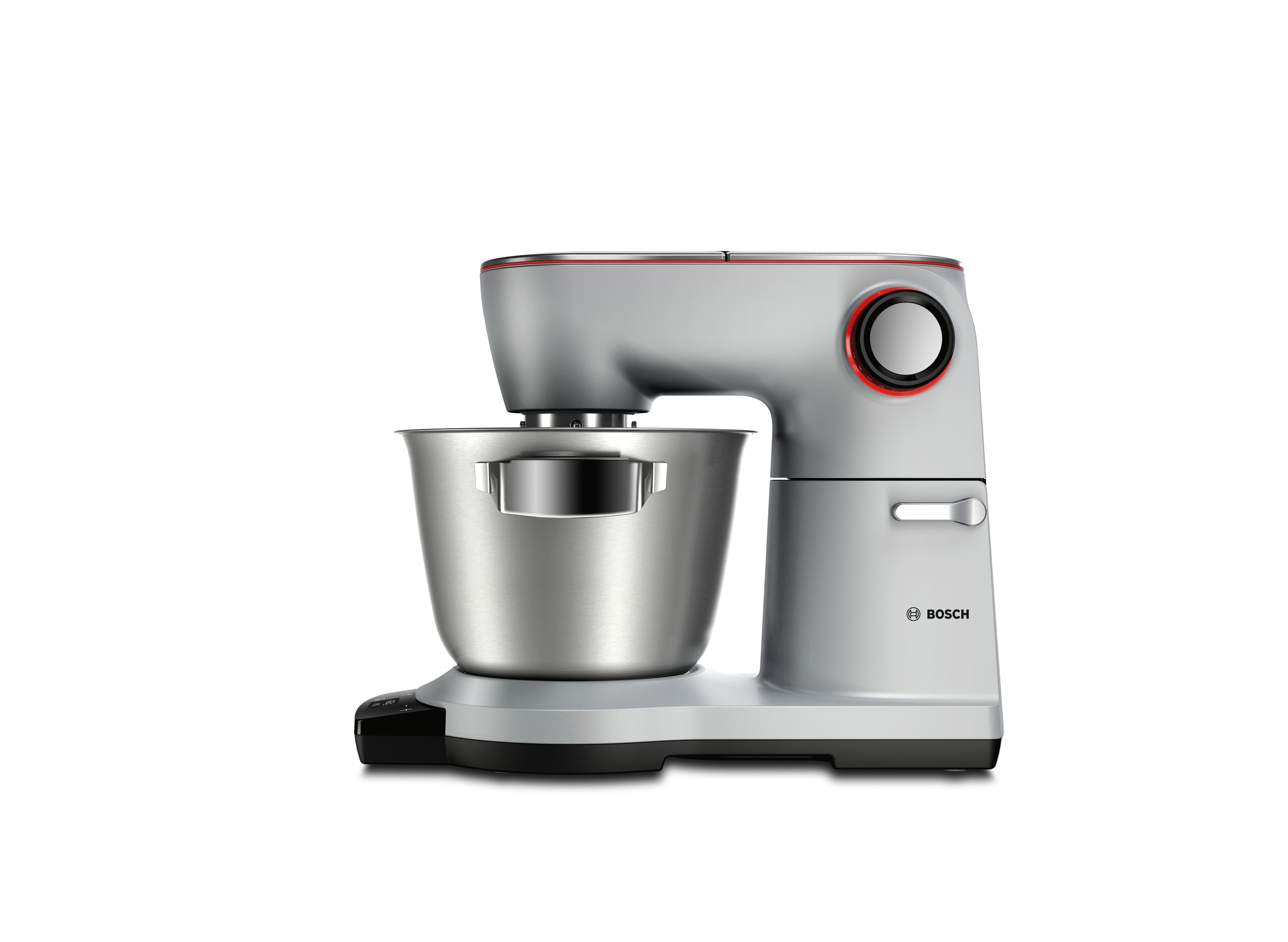 Ein silberfarbener Küchenmixer mit einer Edelstahlschüssel. Roter Akzent oben. Bosch-Logo vorne.