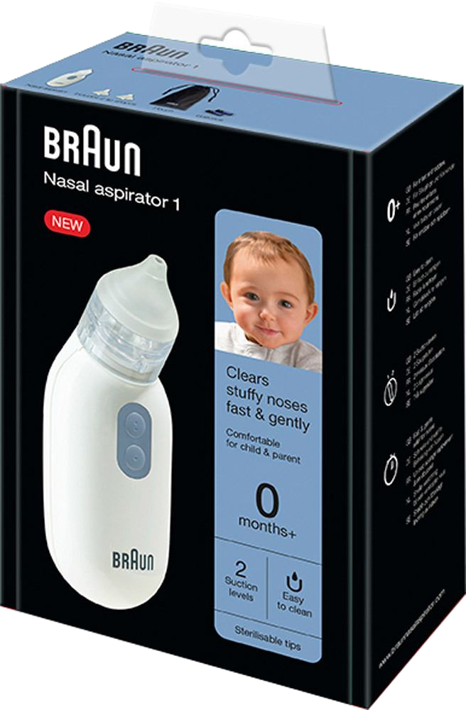 Braun Nasensauger-Box. Die Box zeigt ein Baby und das Produkt. Weißer Sauger mit blauen Knöpfen.