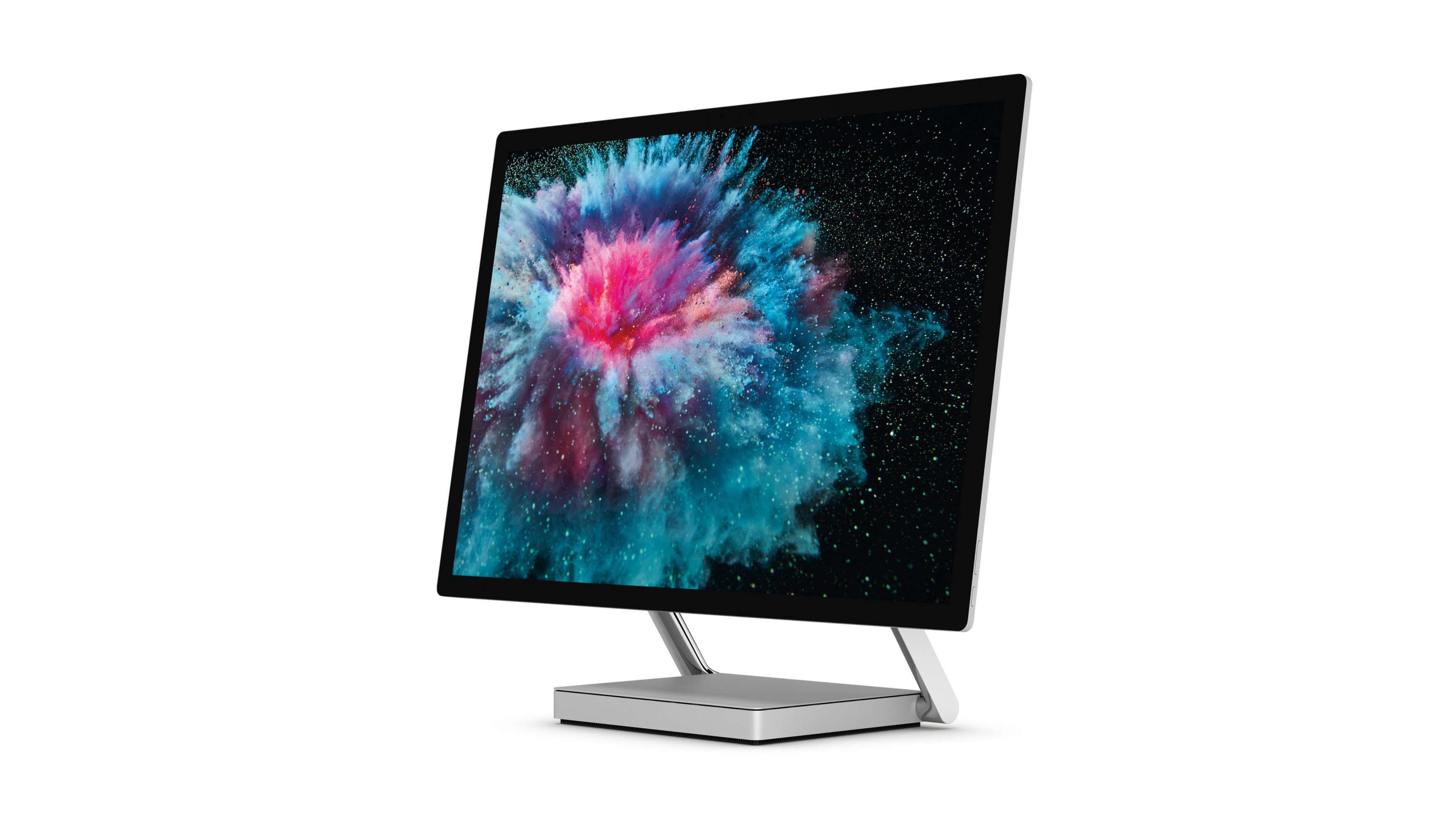 Ein Desktop-Computerbildschirm, der eine farbenfrohe Explosion zeigt. Der Monitor steht auf einem Ständer.