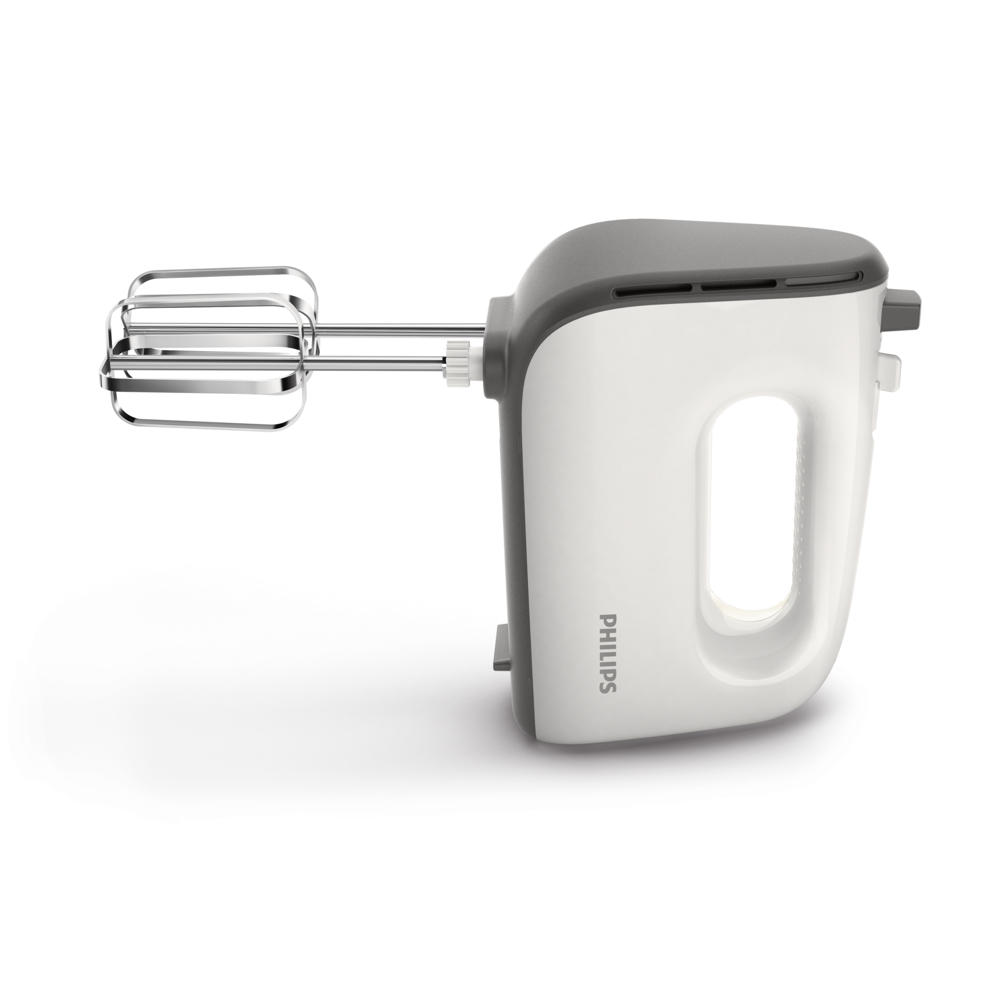 Weiß-grauer Philips Handmixer. Silberne Schneebesen nach links.