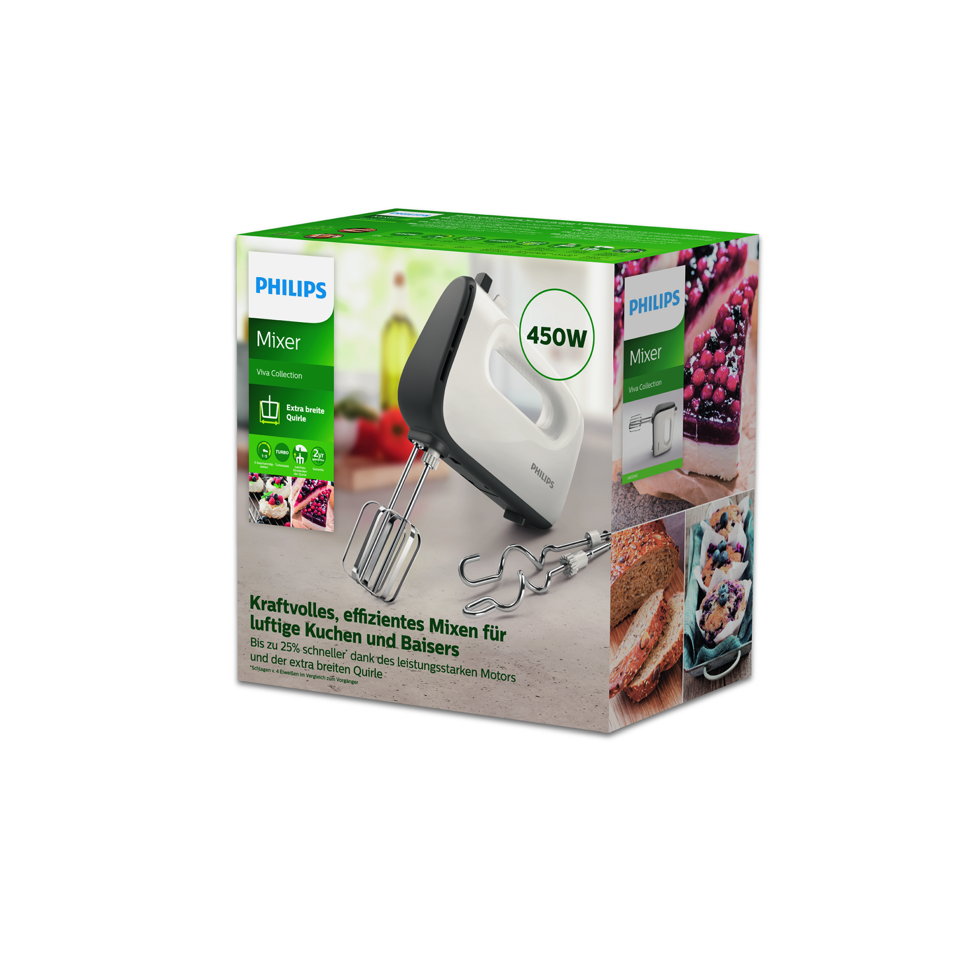 Philips Mixer-Box mit dem Mixer, der mit Kuchenbildern gezeigt wird.