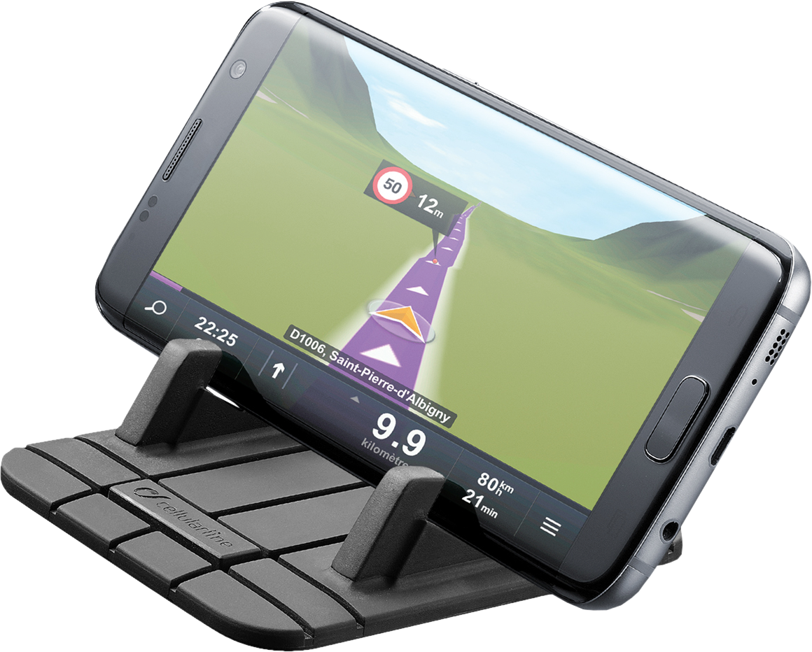 Téléphone sur un support, affichant une application de navigation.