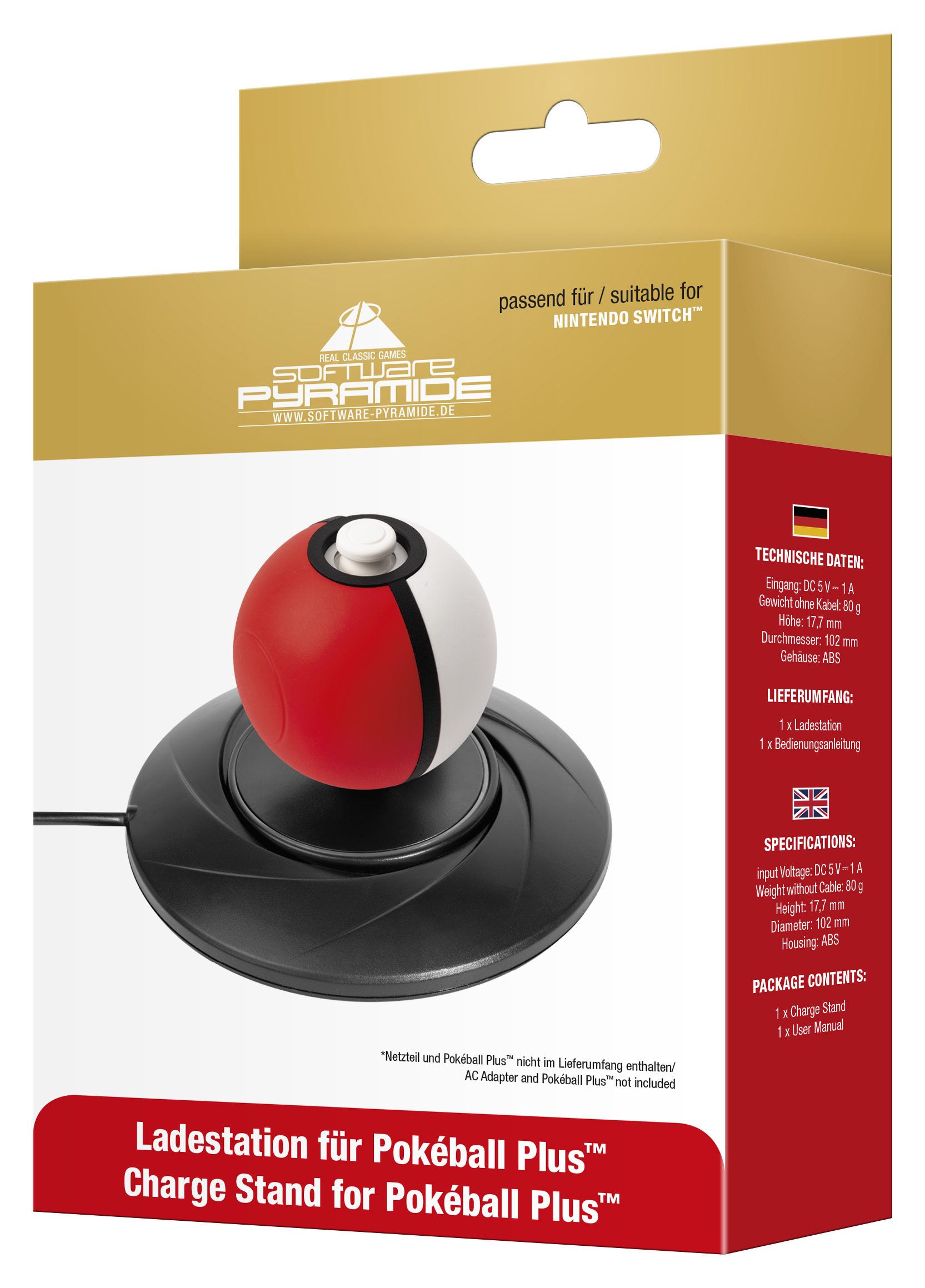 Die Pokeball Plus Ladestation Box. Die Box hat einen rot-weißen Pokeball darauf.