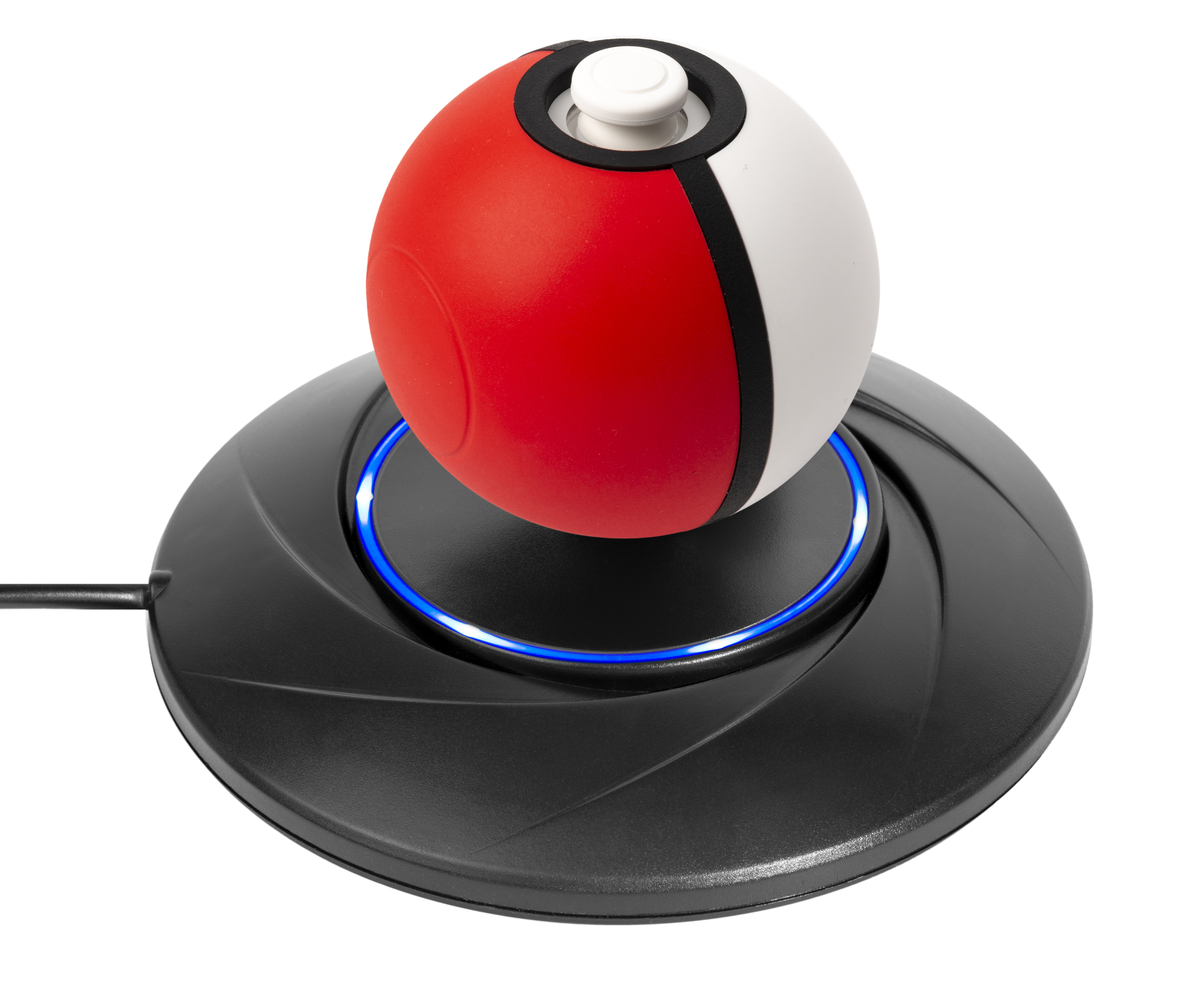 Roter und weißer Ball auf schwarzer Basis, mit blauem Licht.