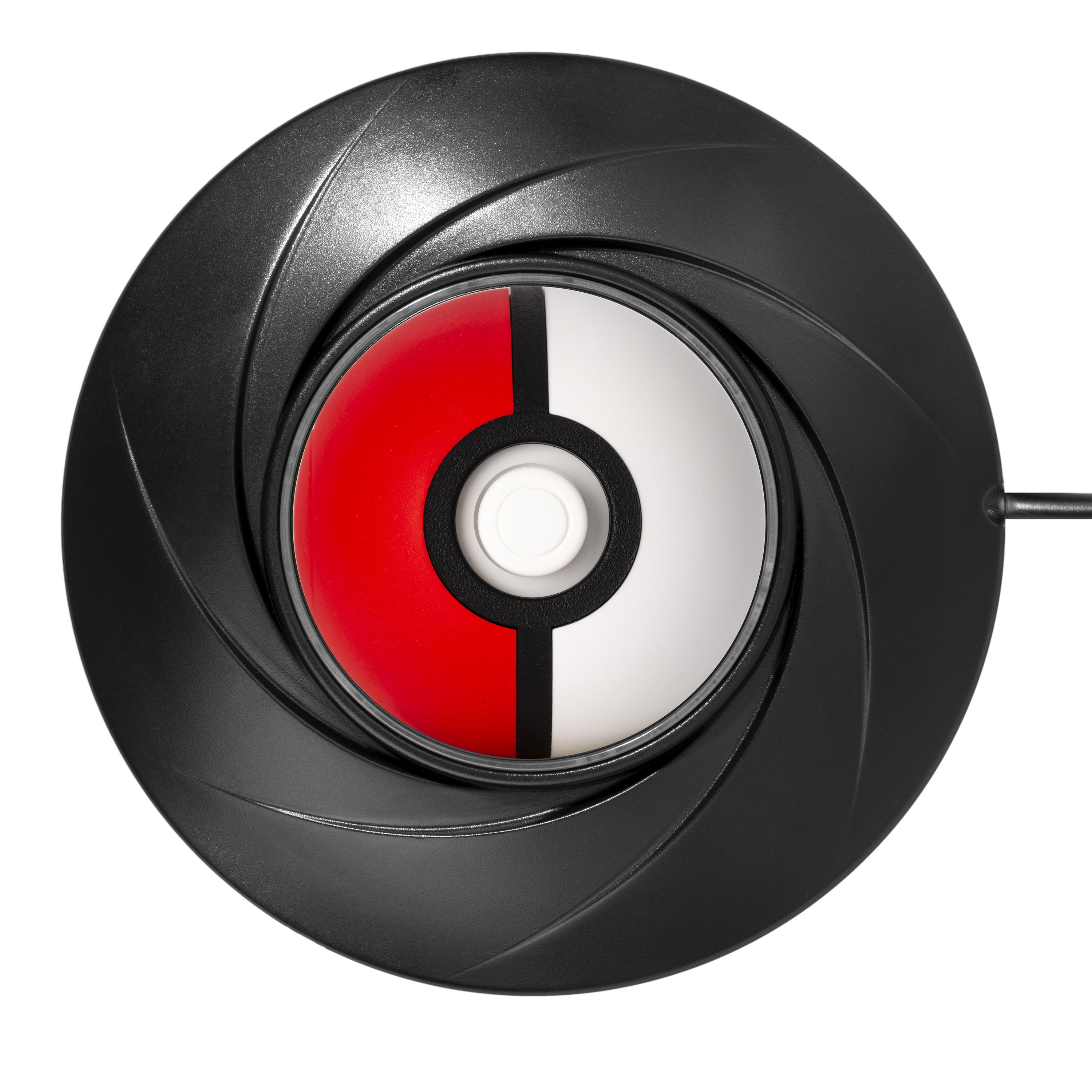 Schwarzes und rotes Objekt mit kreisförmigem Design, ähnlich einer Kameralinse.