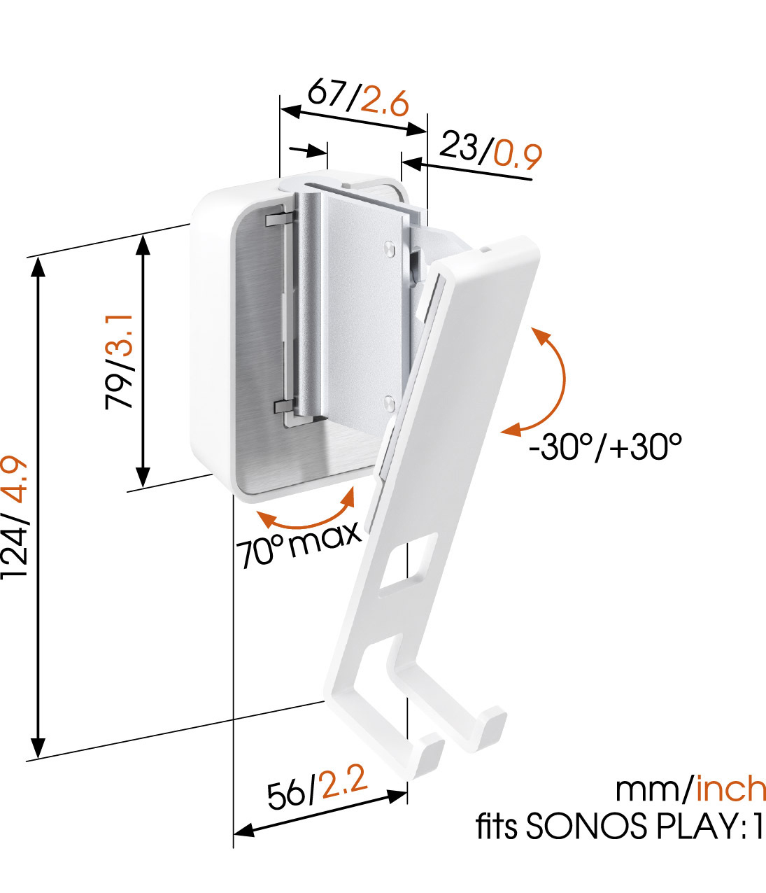 Weiße Wandhalterung mit Abmessungen in mm/Zoll, passend für Sonos PLAY:1.