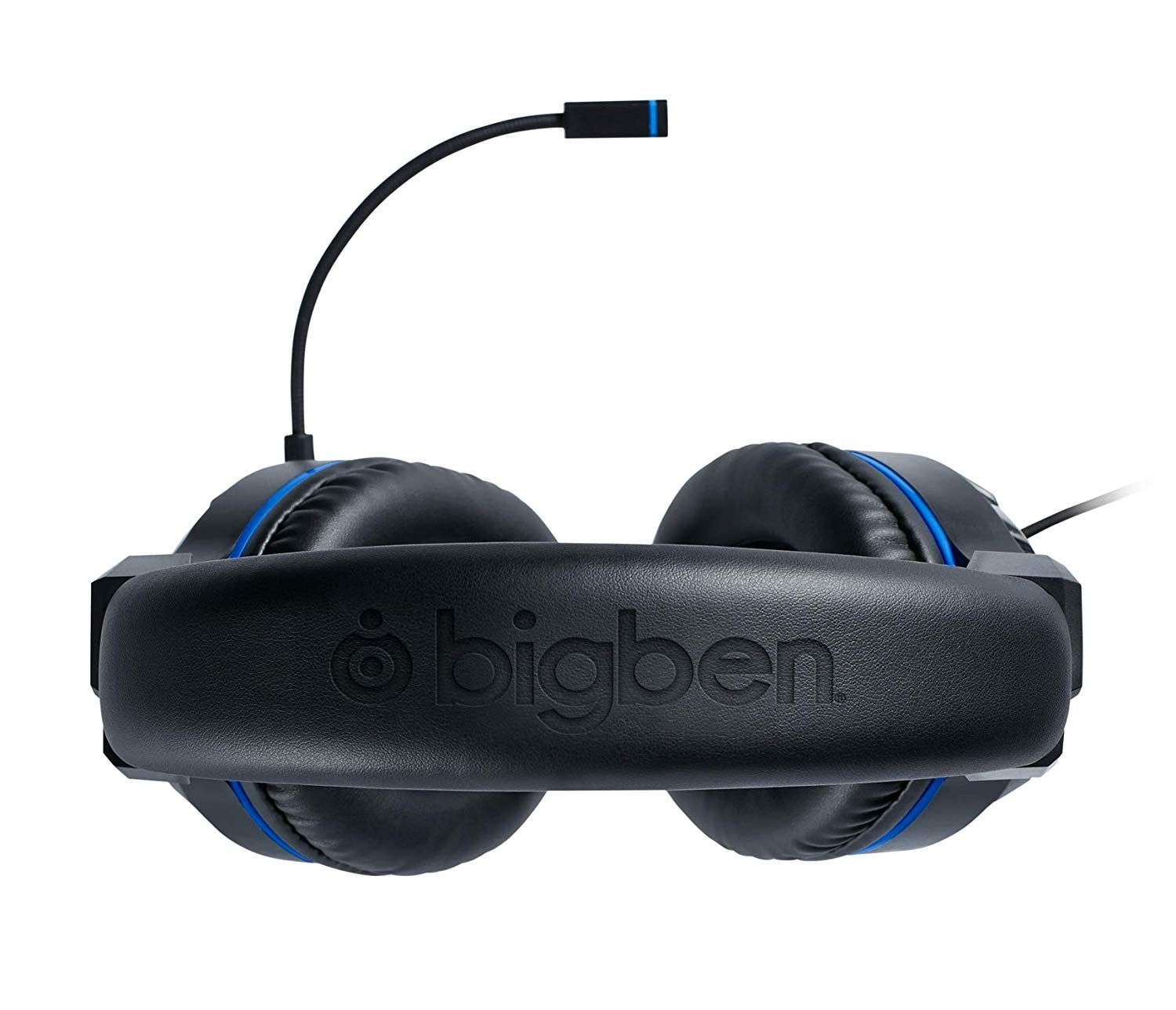 Casque de jeu Bigben noir et bleu. Fond blanc.