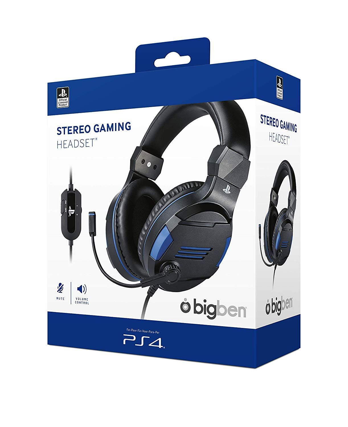 Boîte avec casque de jeu stéréo. Casque noir et bleu. Texte : Stereo Gaming Headset.