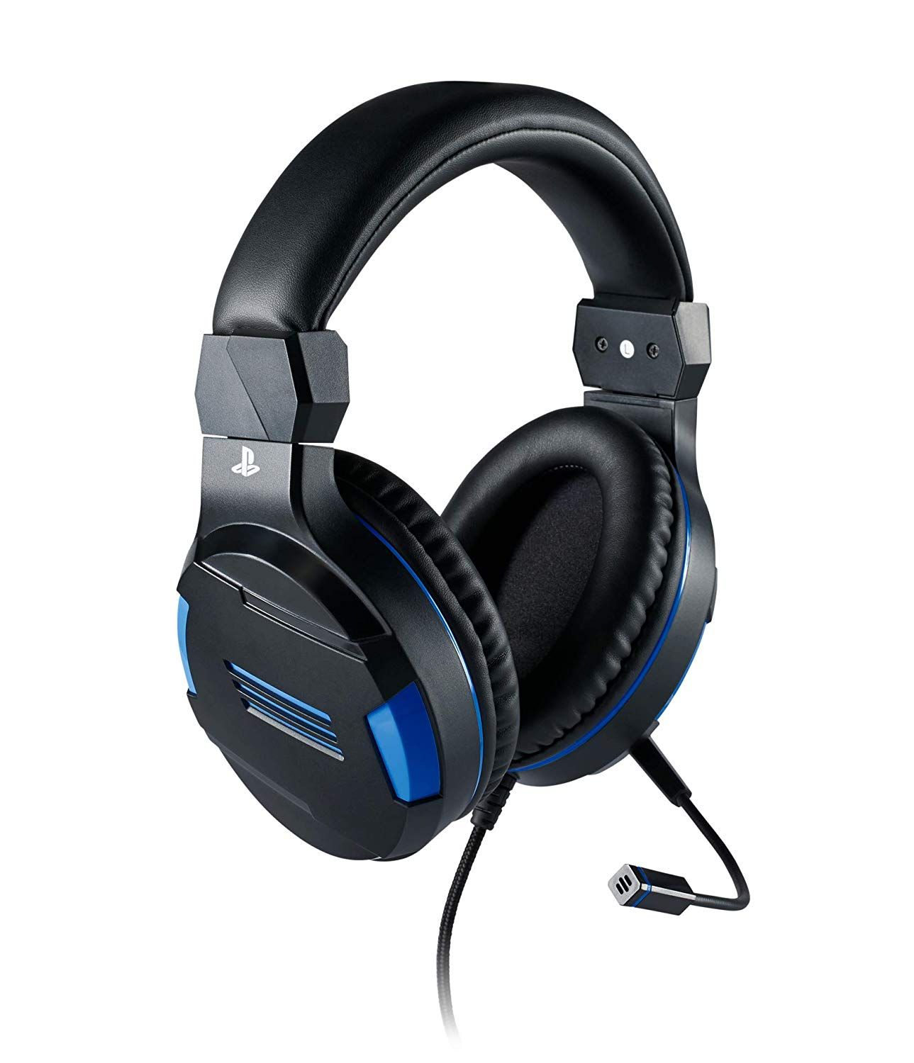 Casque Playstation noir et bleu avec micro, sur fond blanc.