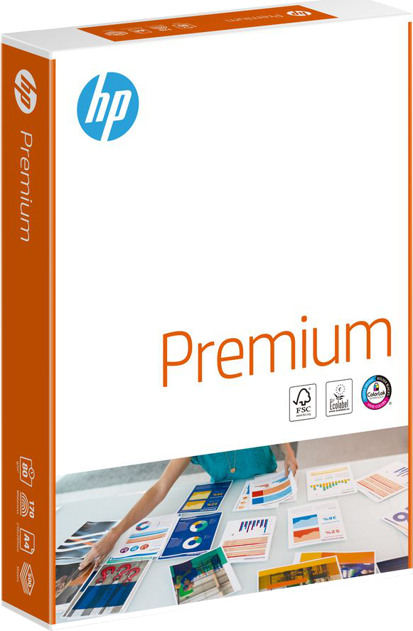 Schachtel HP Premium Papier, mit orange-weißem Design. Eine Person ordnet Papiere an.