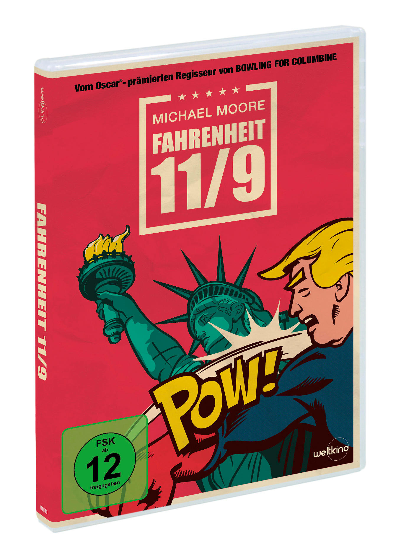 DVD-Hülle von 'Fahrenheit 11/9' mit Cartoon von Trump und der Freiheitsstatue.