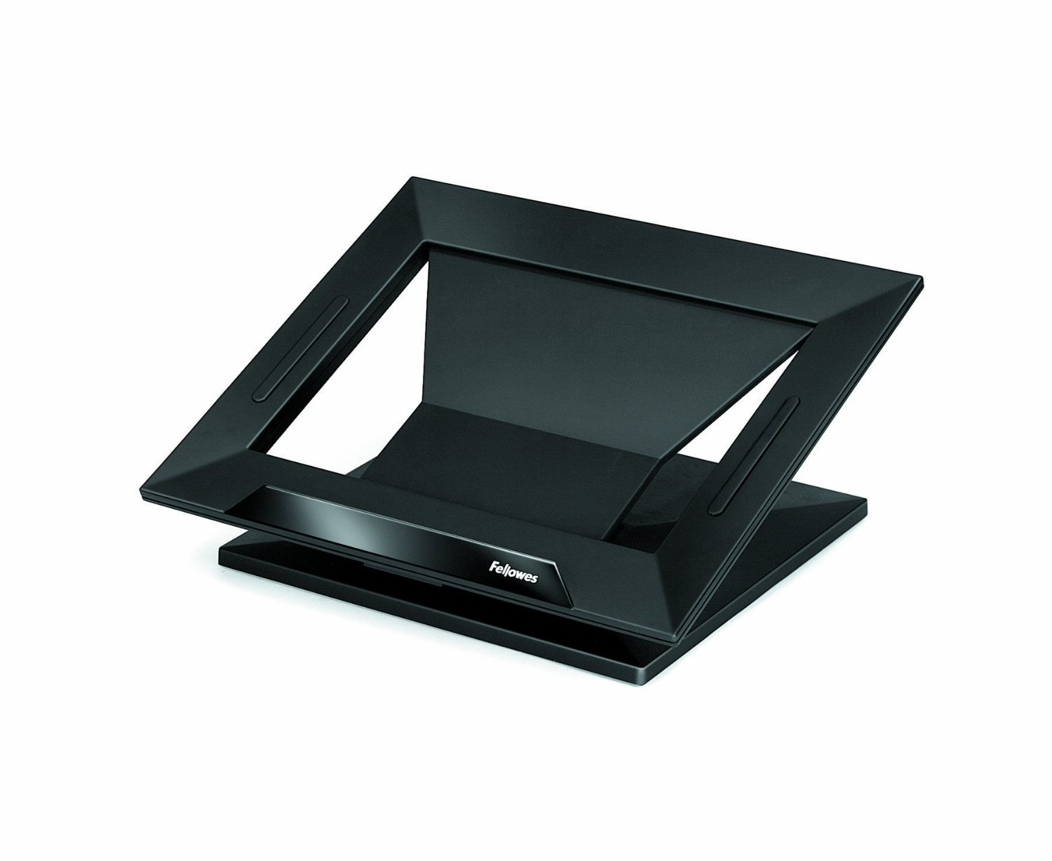 Un soporte negro para portátil con una superficie inclinada, el logotipo de Fellowes es visible en la parte frontal.