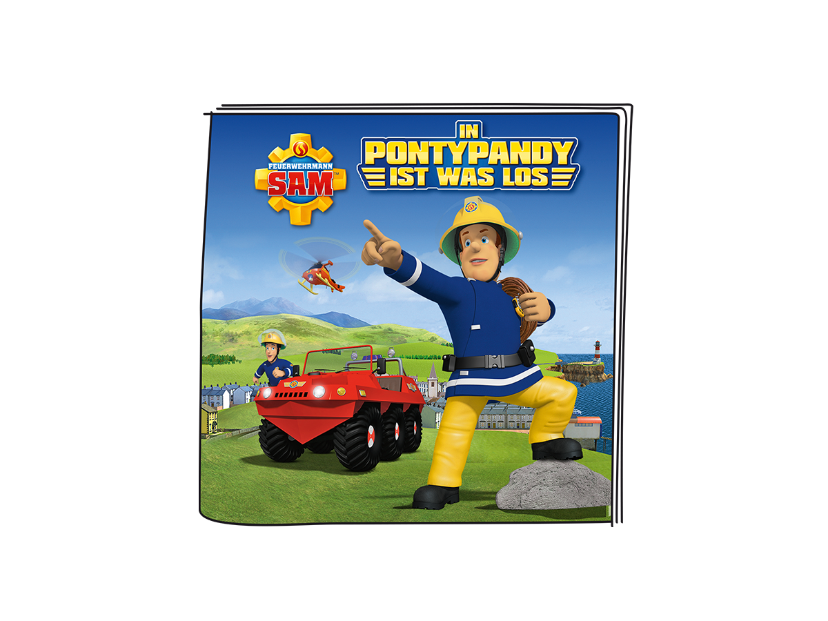 DVD-Cover mit einem Zeichentrick-Feuerwehrmann, einem Fahrzeug und einem Hubschrauber.